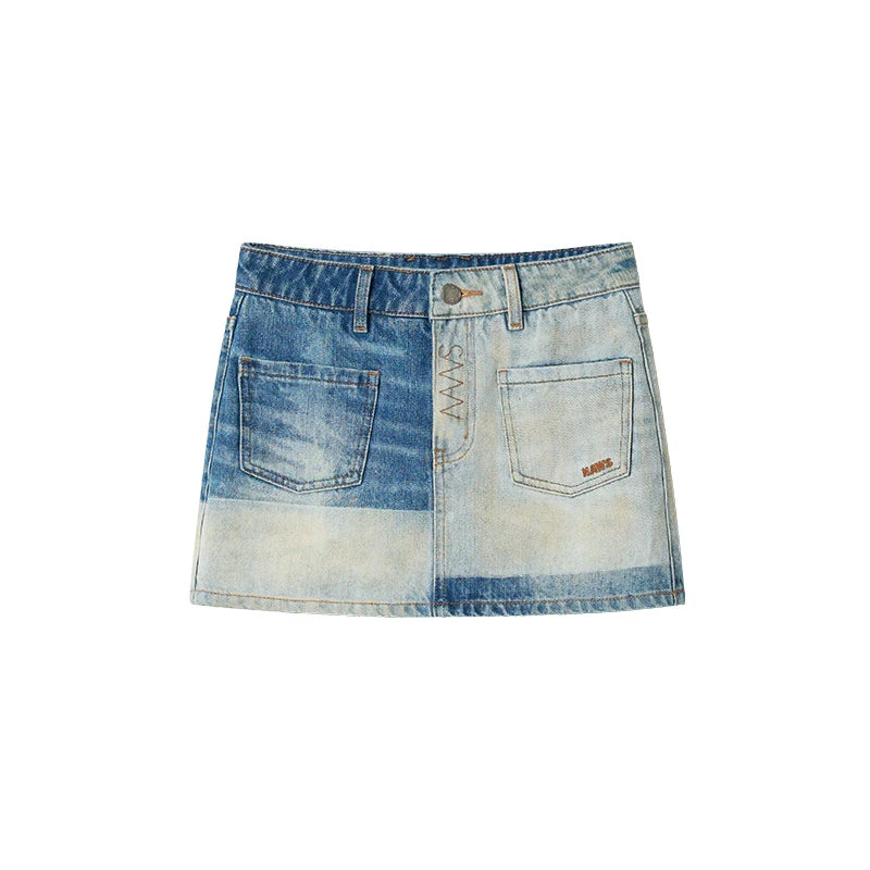 Contrast Panel Washed Denim Mini Skirt