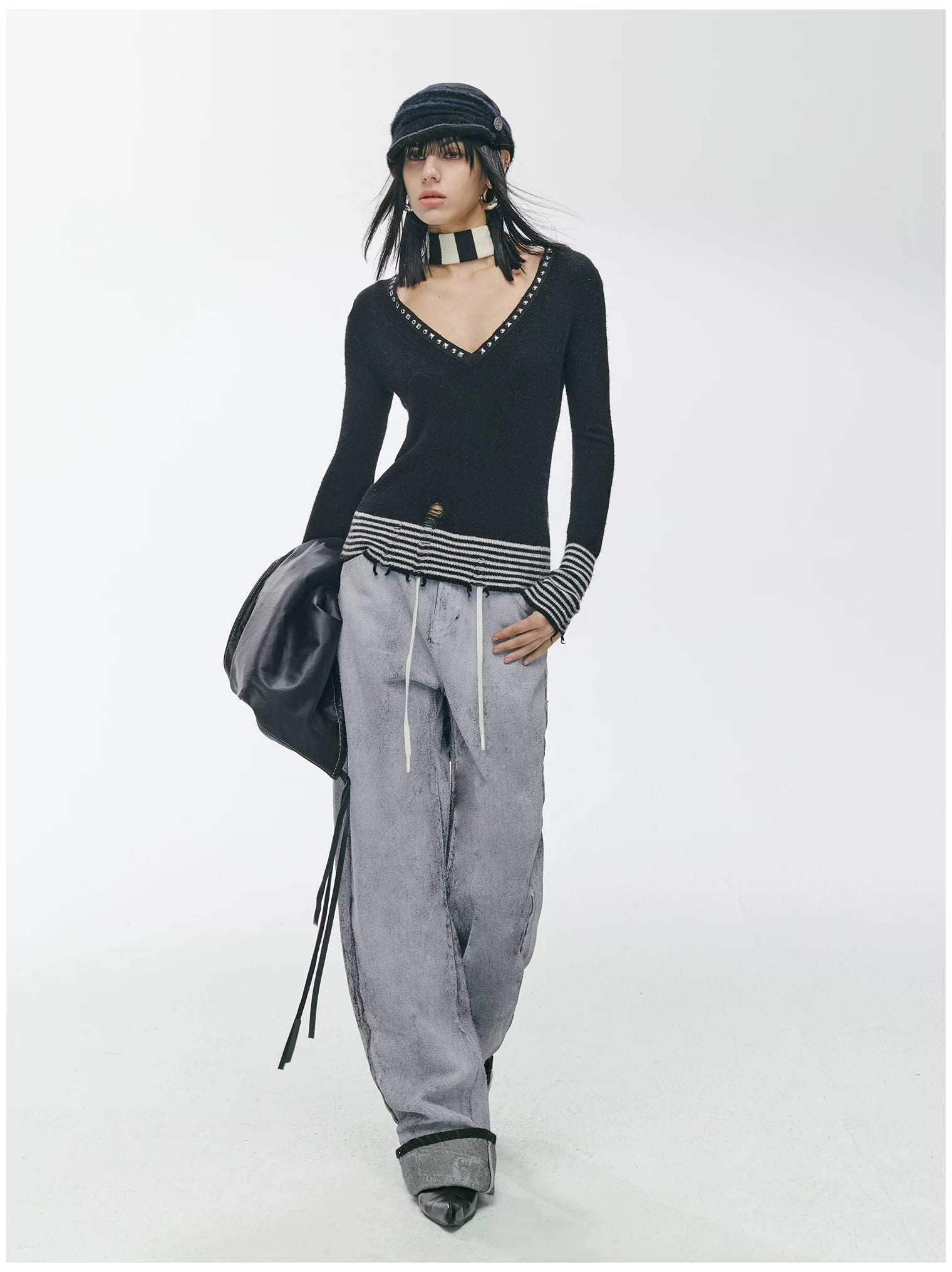 Striped Panel Slim-Fit Wool Knit Top