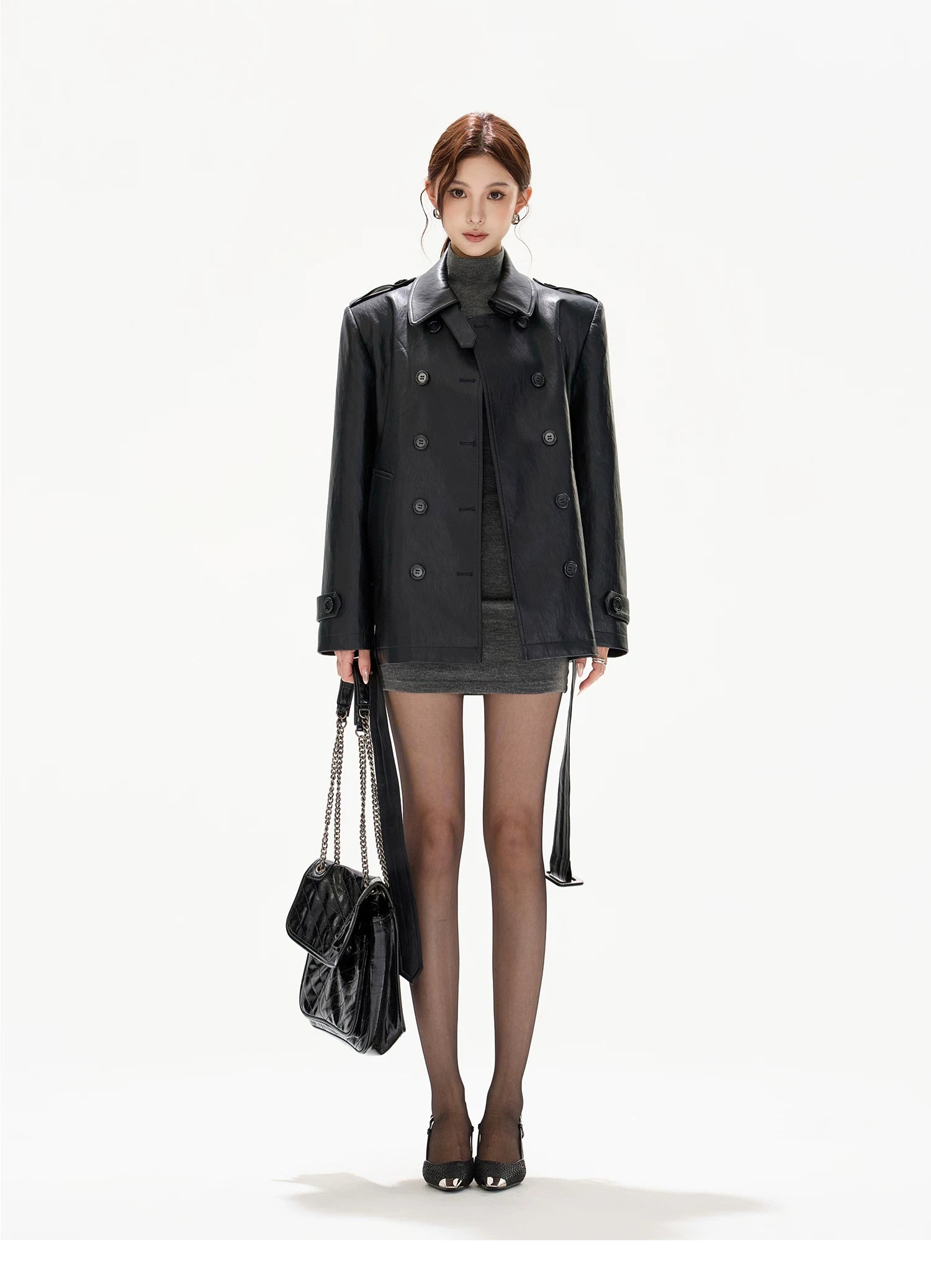 Double-Breasted Belted Faux Leather Jacket