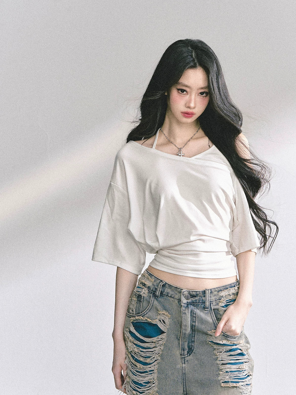 Asymmetric Short-Sleeve Halter Crop T-Shirt