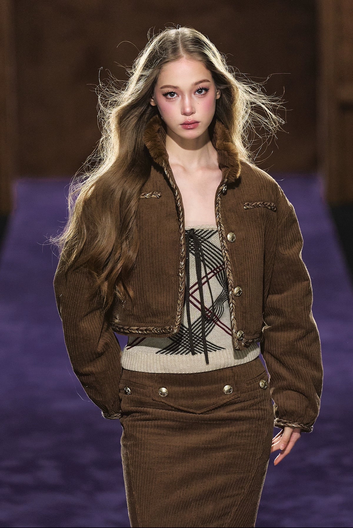 Corduroy Fur-Collar Jacket & Skirt Set