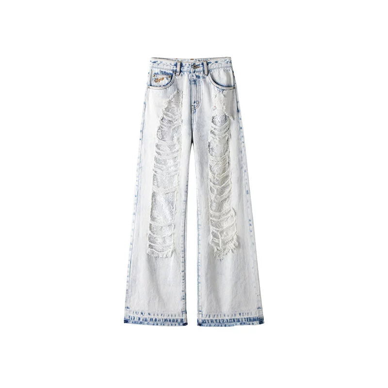 Blue & Black Ripped Lace Denim Jeans - CHINASQUAD