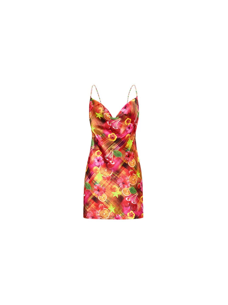 ”Summer Fruit“ Chain Backless Satin Spaghetti Strap Dress - CHINASQUAD