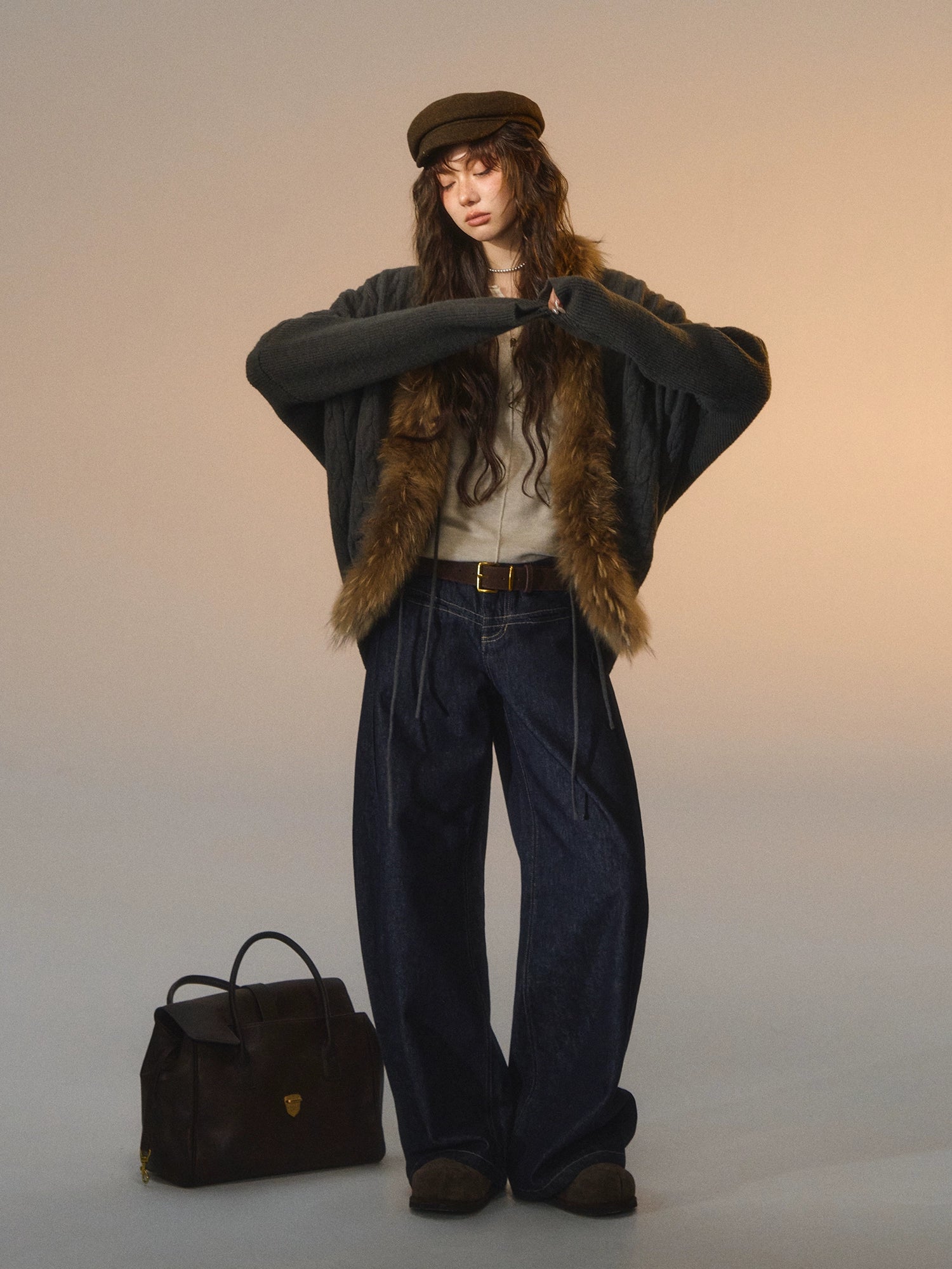 Tie-Detail Batwing Faux Fur Collar Sweater