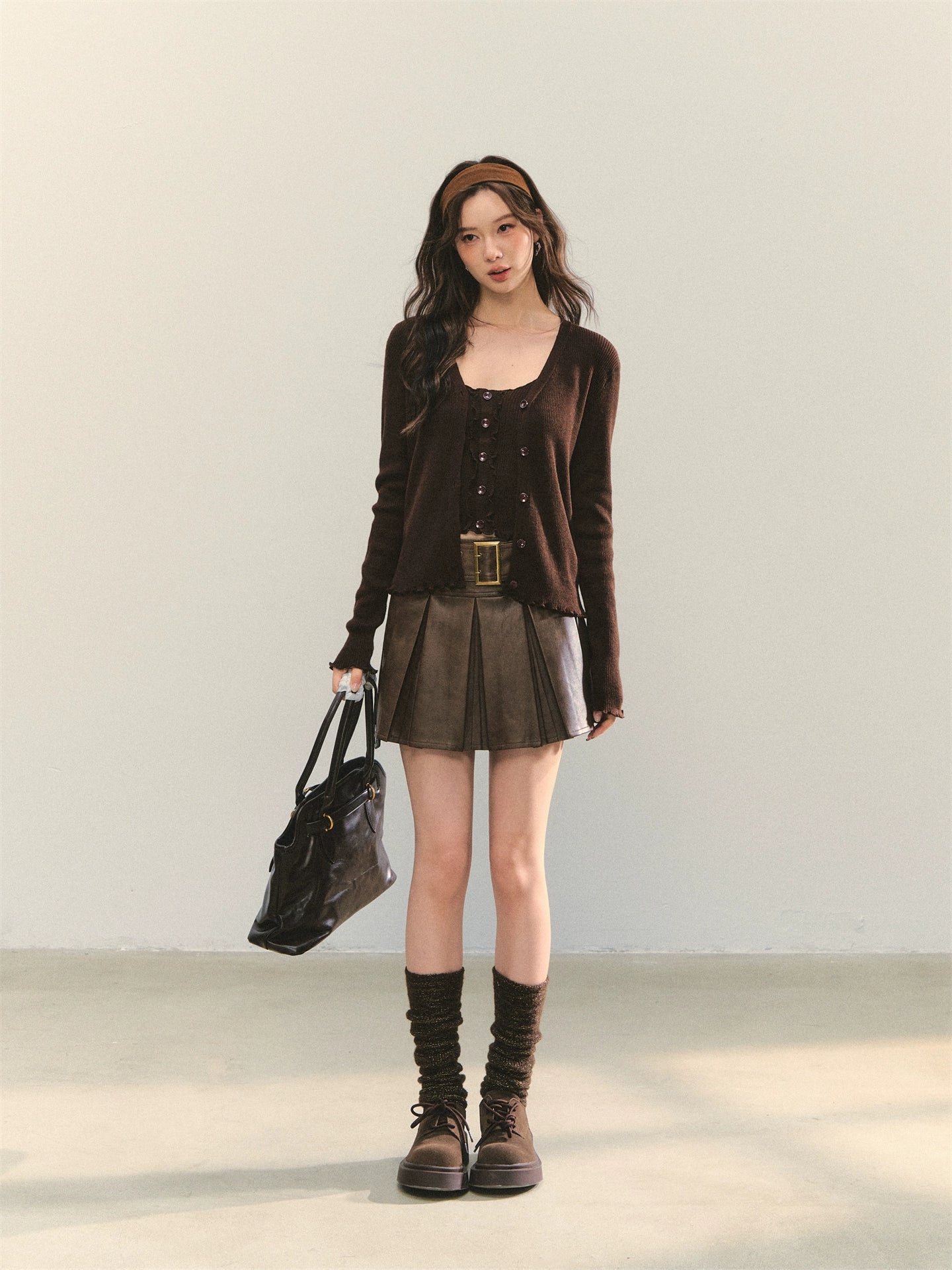 Coffee A-Line Belted Pleated Leather Skirt