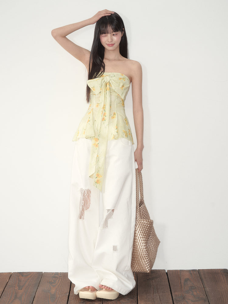 White Lace Splicing Denim Wide-Leg Pants - CHINASQUAD