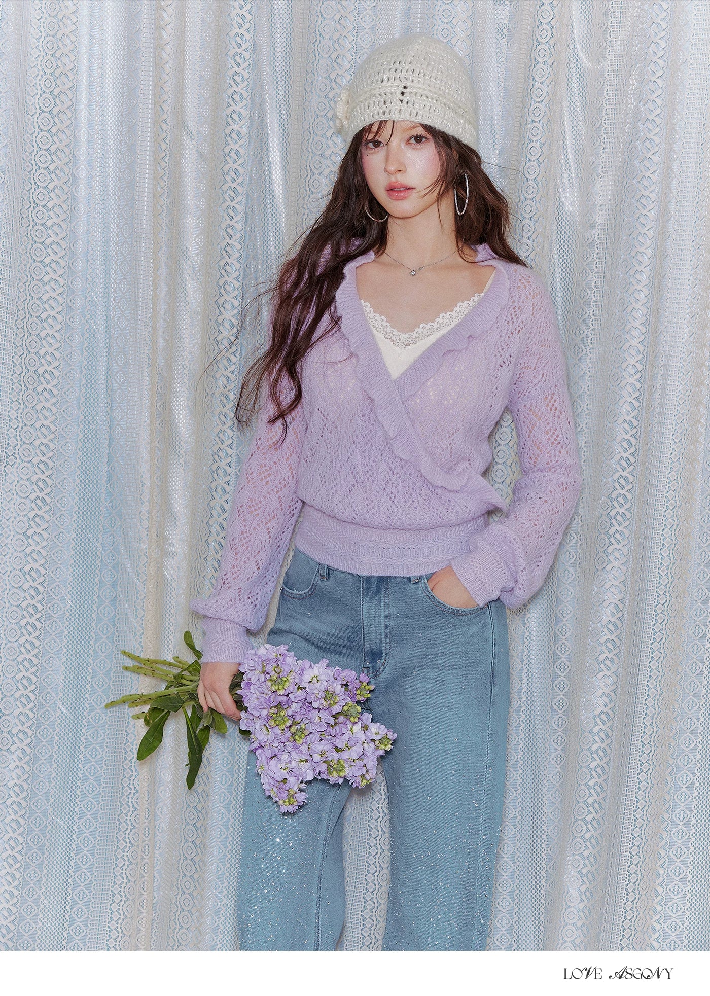 Ruffled Wool-Blend Mohair Openwork Knit Cardigan