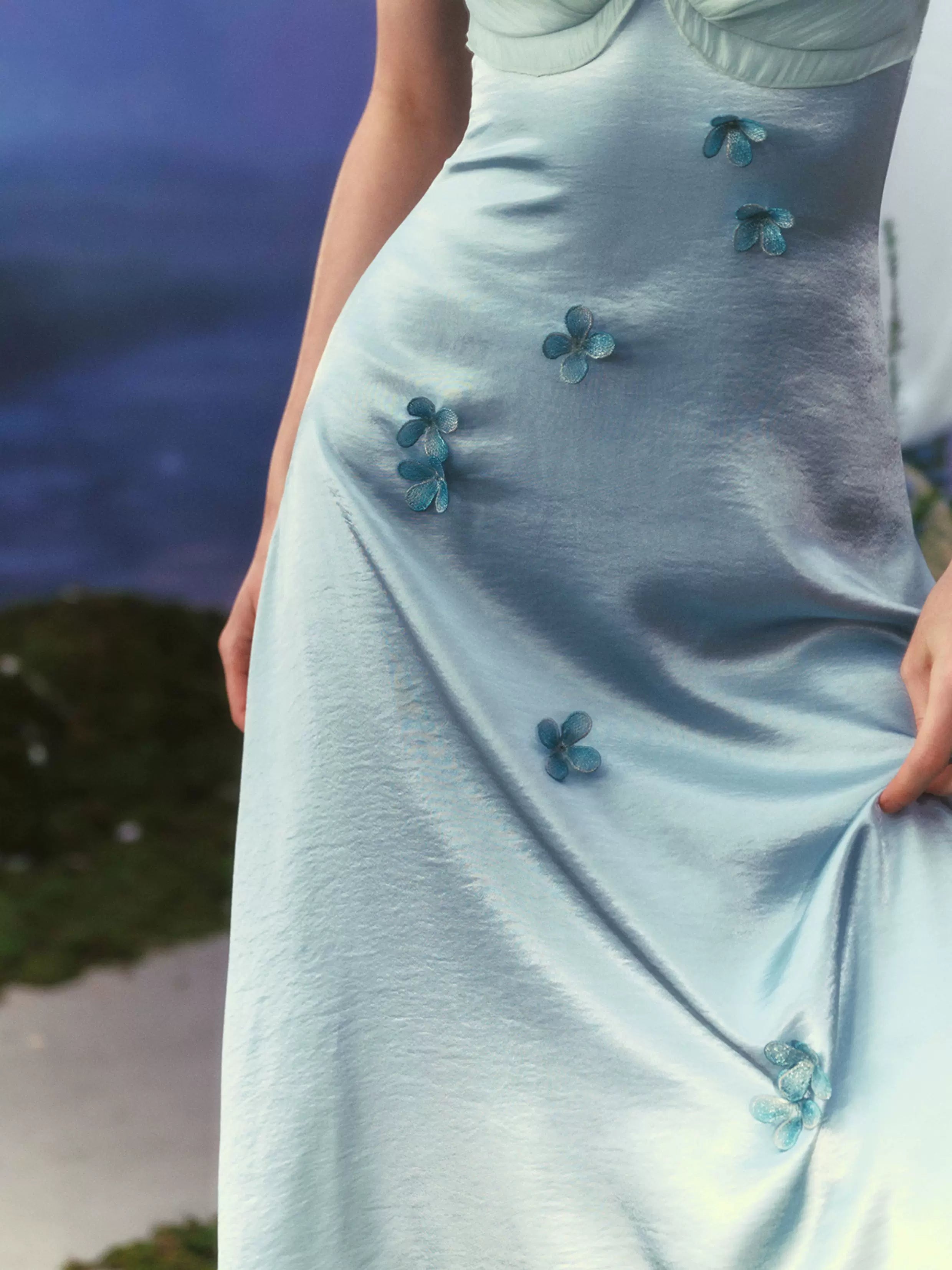 French Resort Halter Blue Floral Satin Dress