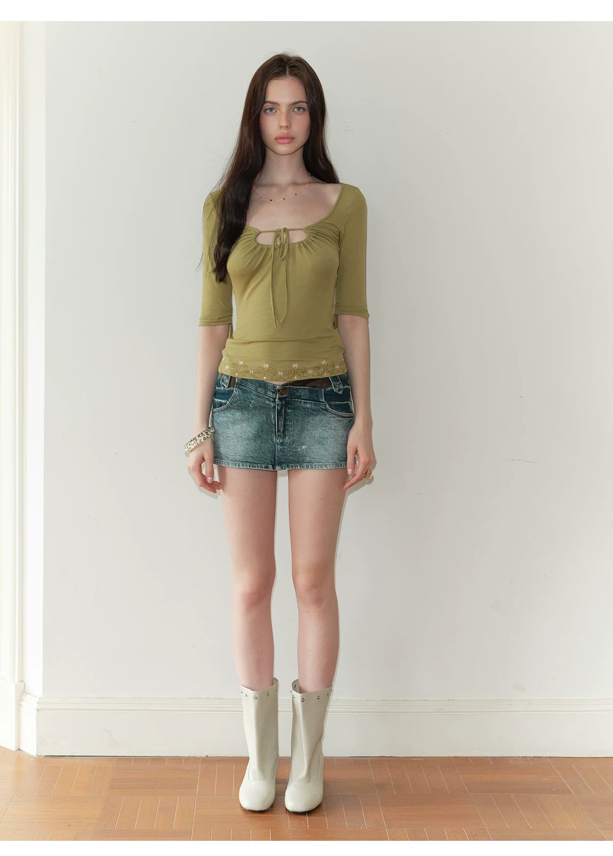 The NeverMore Vintage Embroidered Ruched Scoop-Neck Top NeverMore