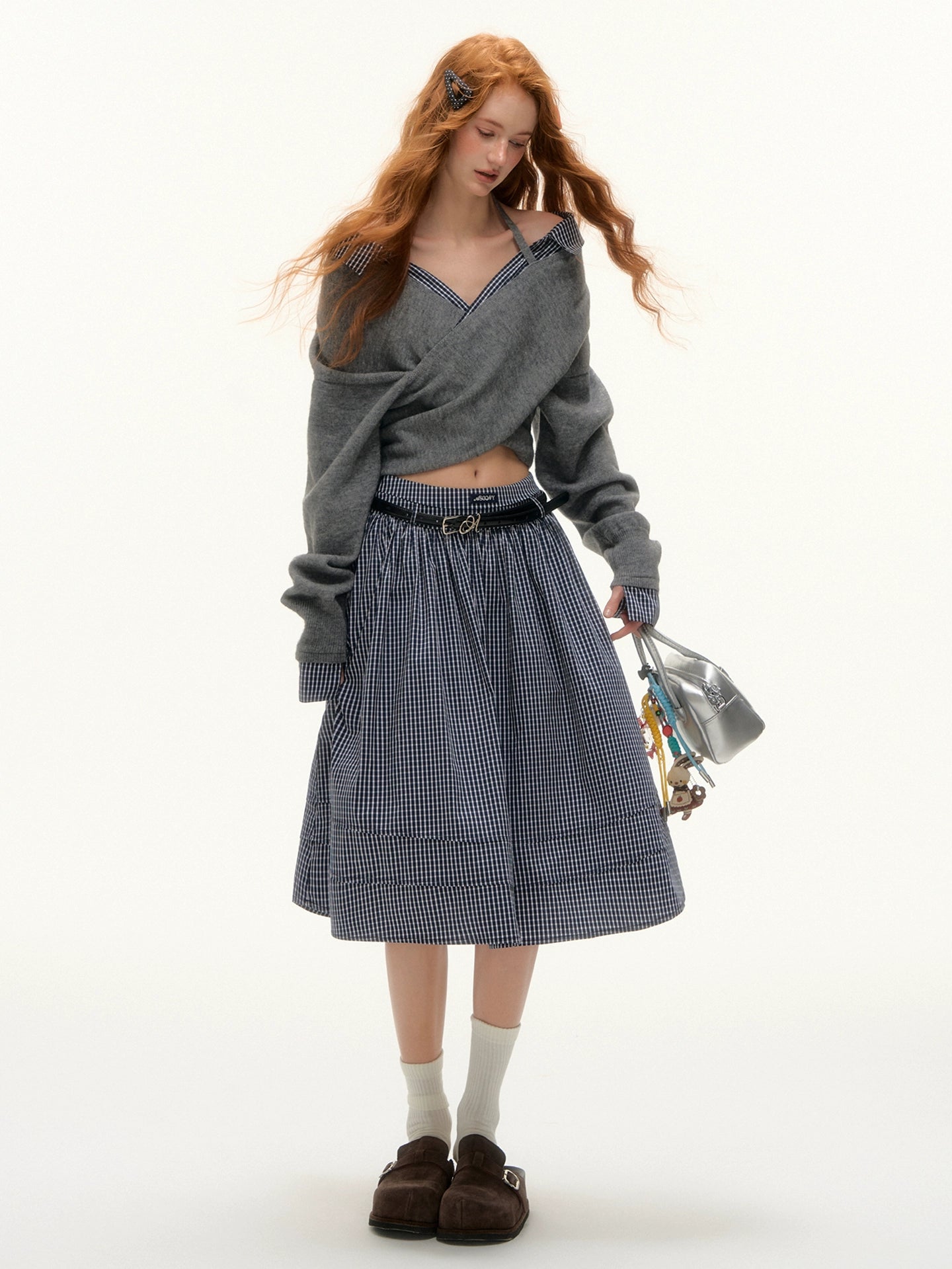 Off-Shoulder Plaid Panel Cross Sweatshirt - CHINASQUAD