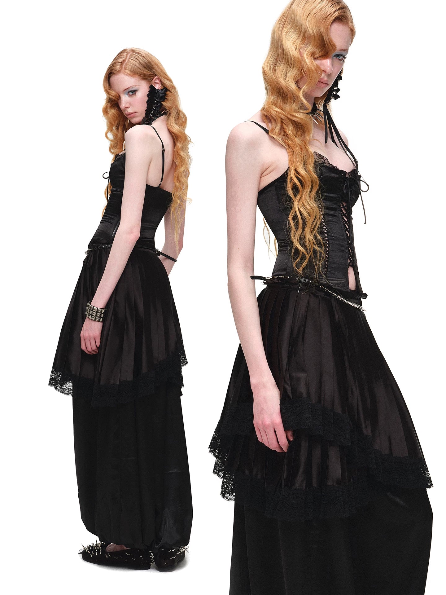 Asymmetric Pleated Satin Lace Midi Skirt