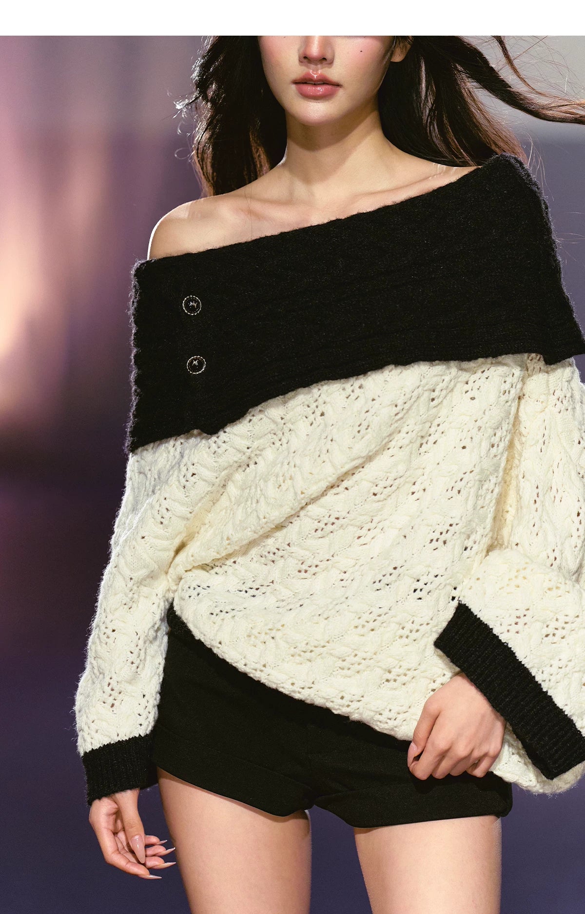 Batwing Sleeve Off-Shoulder Tweed Knit Crewneck