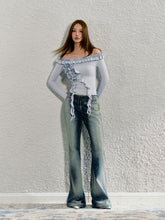 Washed Blue Reflective Foil Micro-flare Denim Trousers - CHINASQUAD