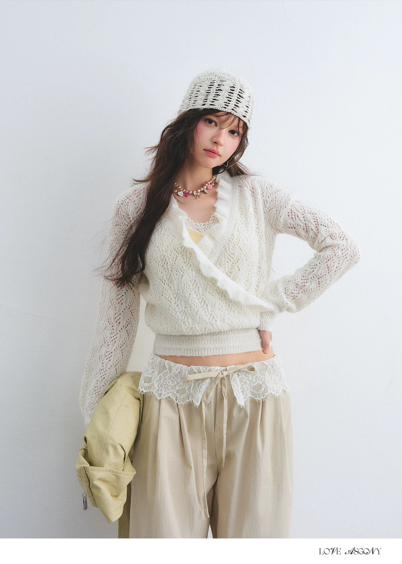 Ruffled Wool-Blend Mohair Openwork Knit Cardigan
