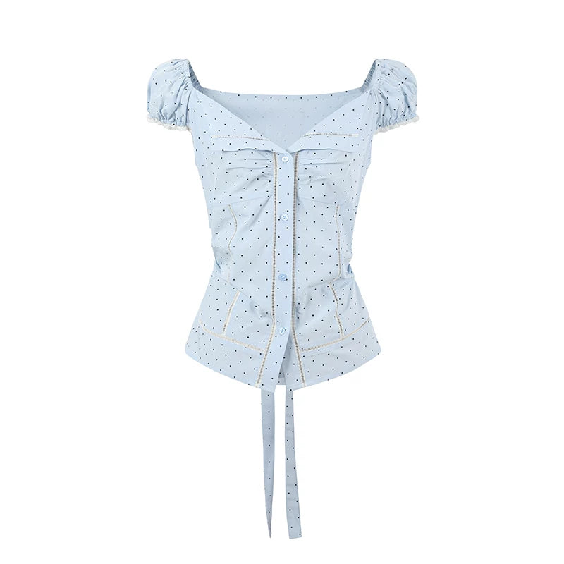 Polka Dot Lace Tie Waist Blouse