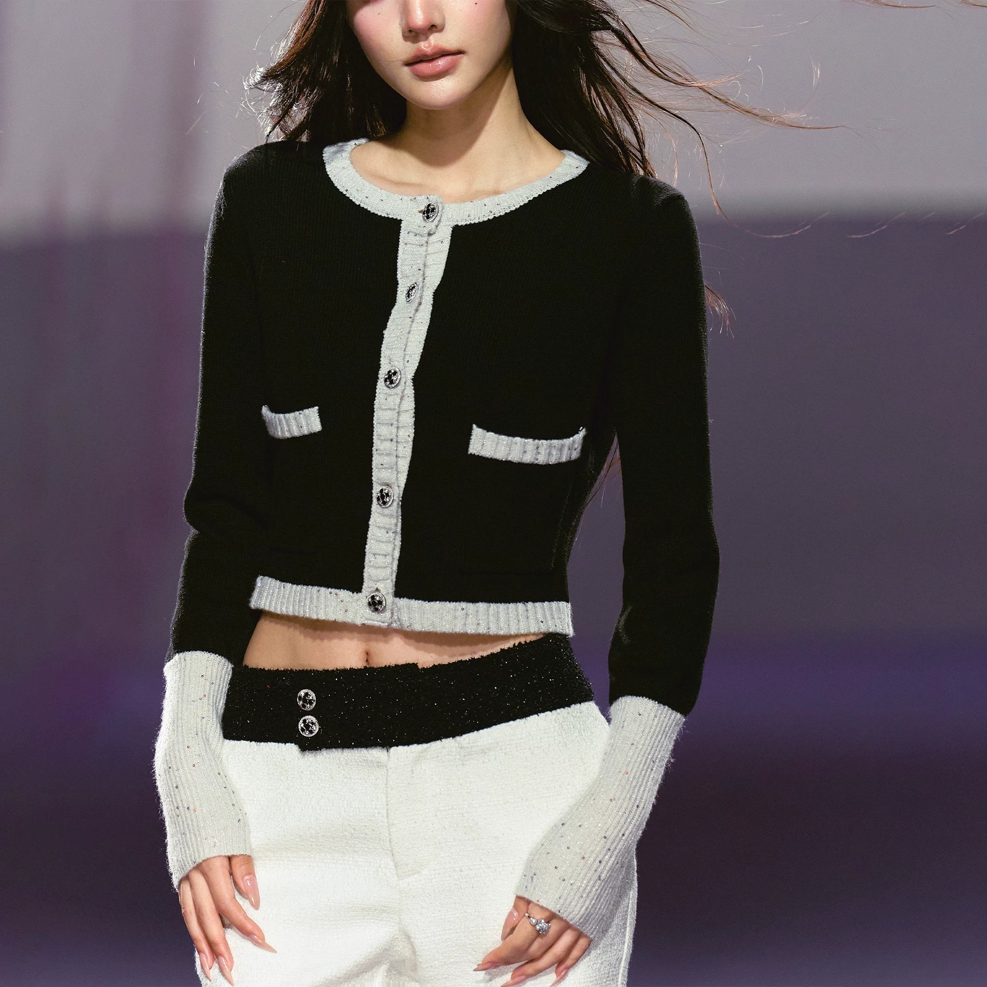 Black and White Color-block Knitted Cardigan
