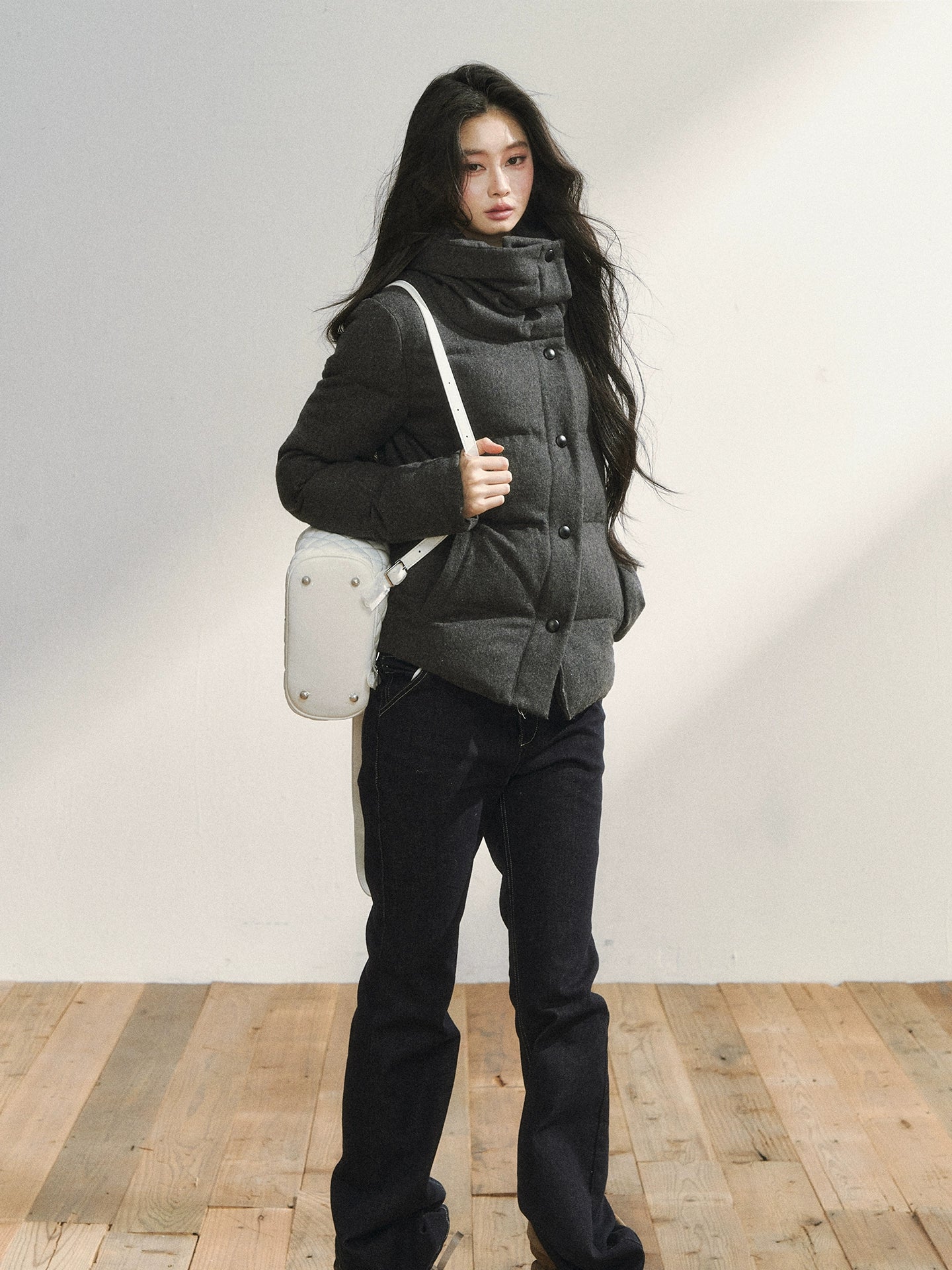 Gray Wool-Blend Quilted Short Puffer Jacket