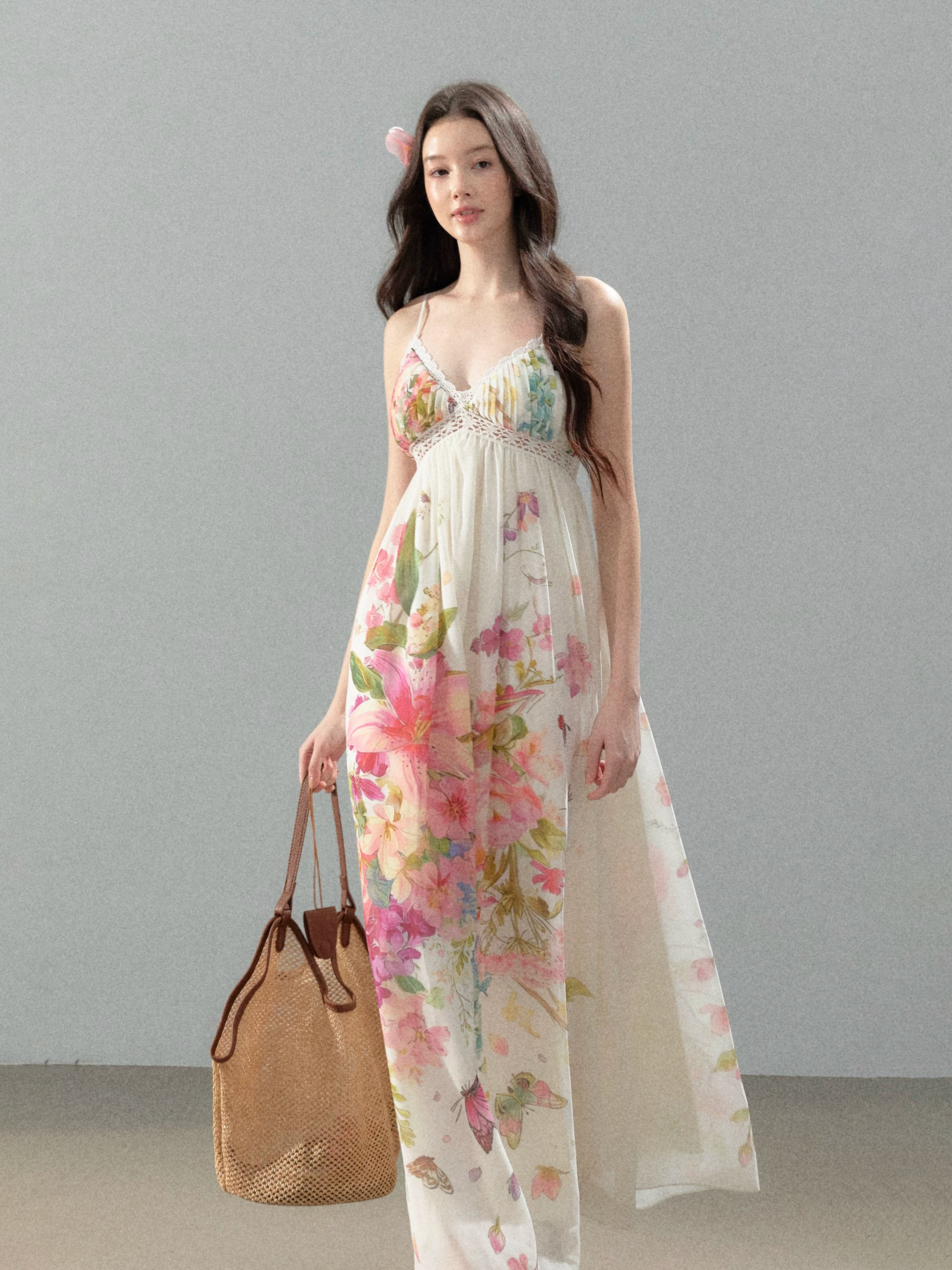 Blooming Vine Floral Chiffon Slip Maxi Dress