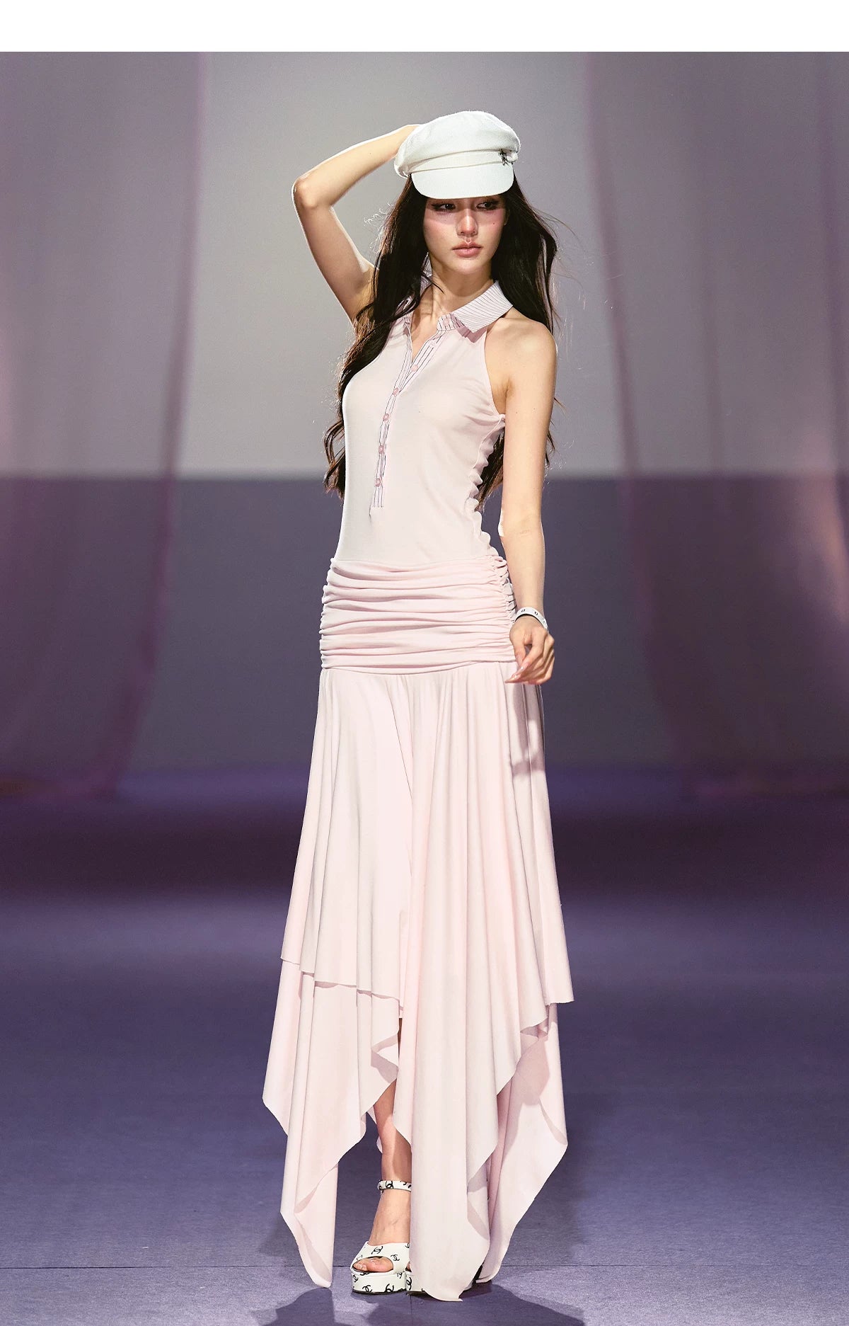 Vintage-Inspired Irregular Hem Shirt-Collar Sleeveless Maxi Dress