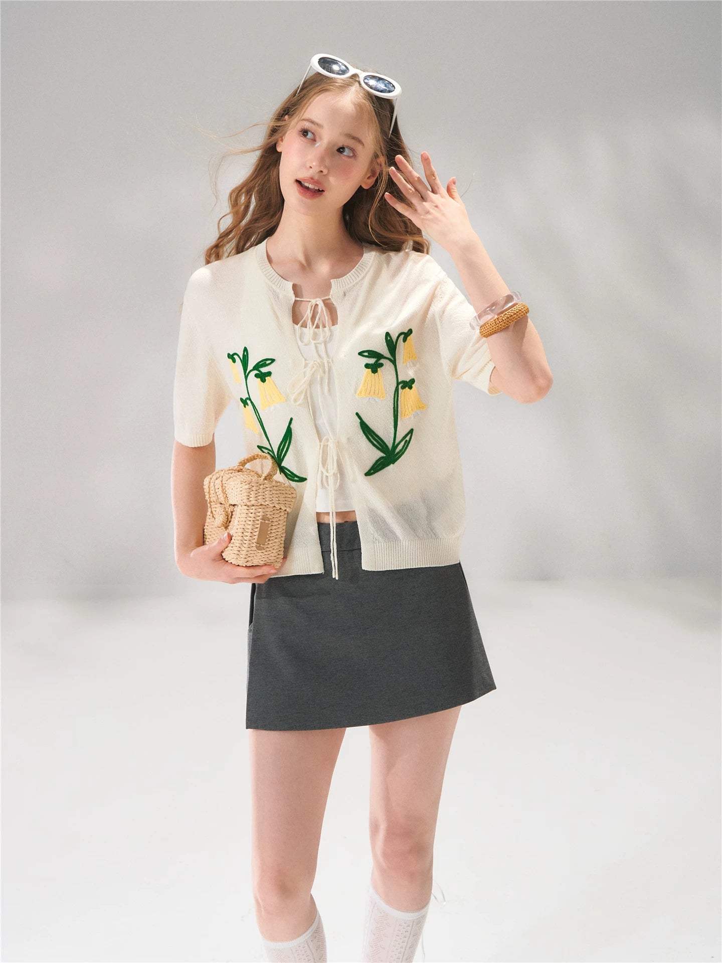 Floral Embroidered Tie-Front Knit Cardigan
