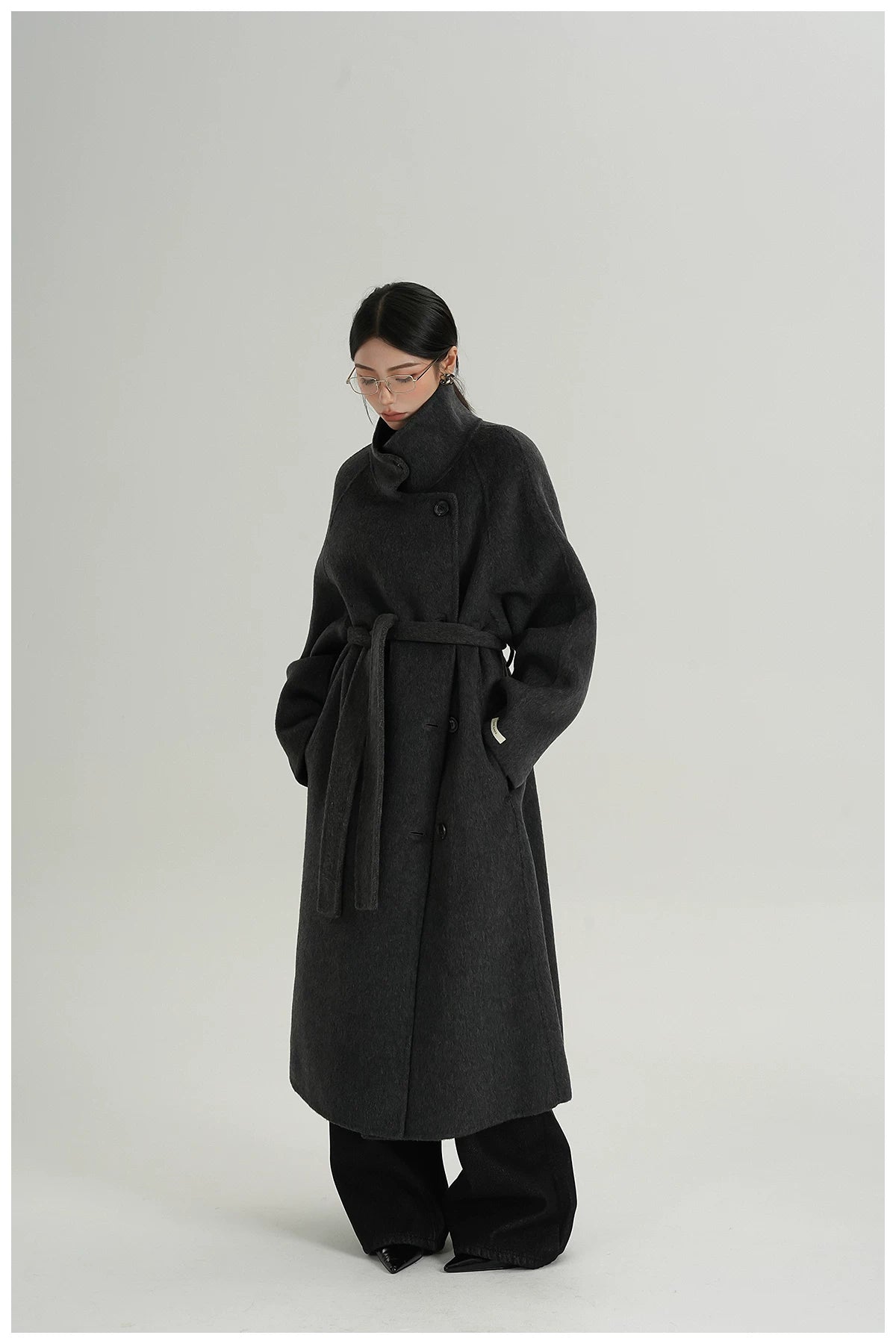 Stand-Collar Long Wool Double-Faced Coat