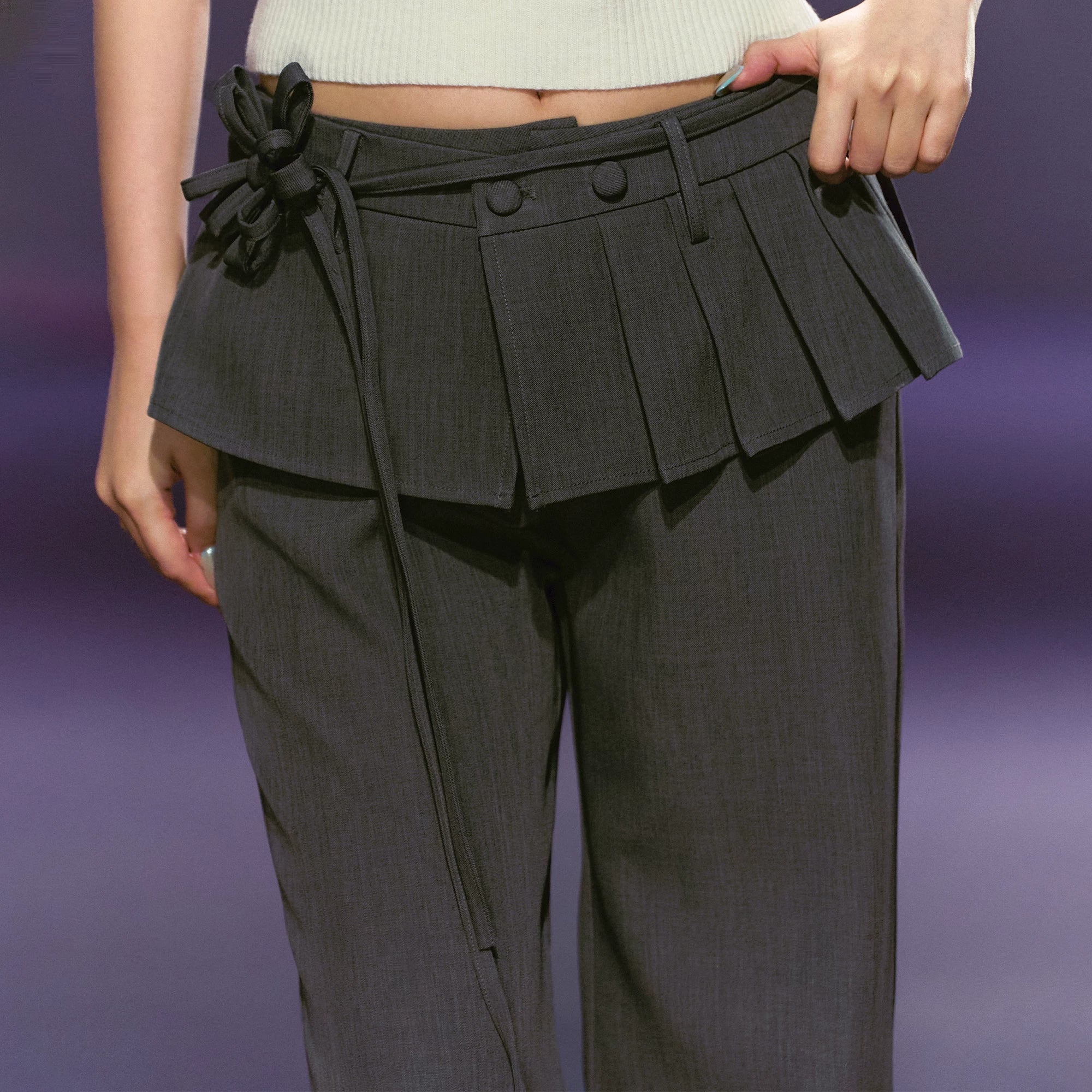 Pleated Faux-Layer Tailored Straight-Leg Trousers