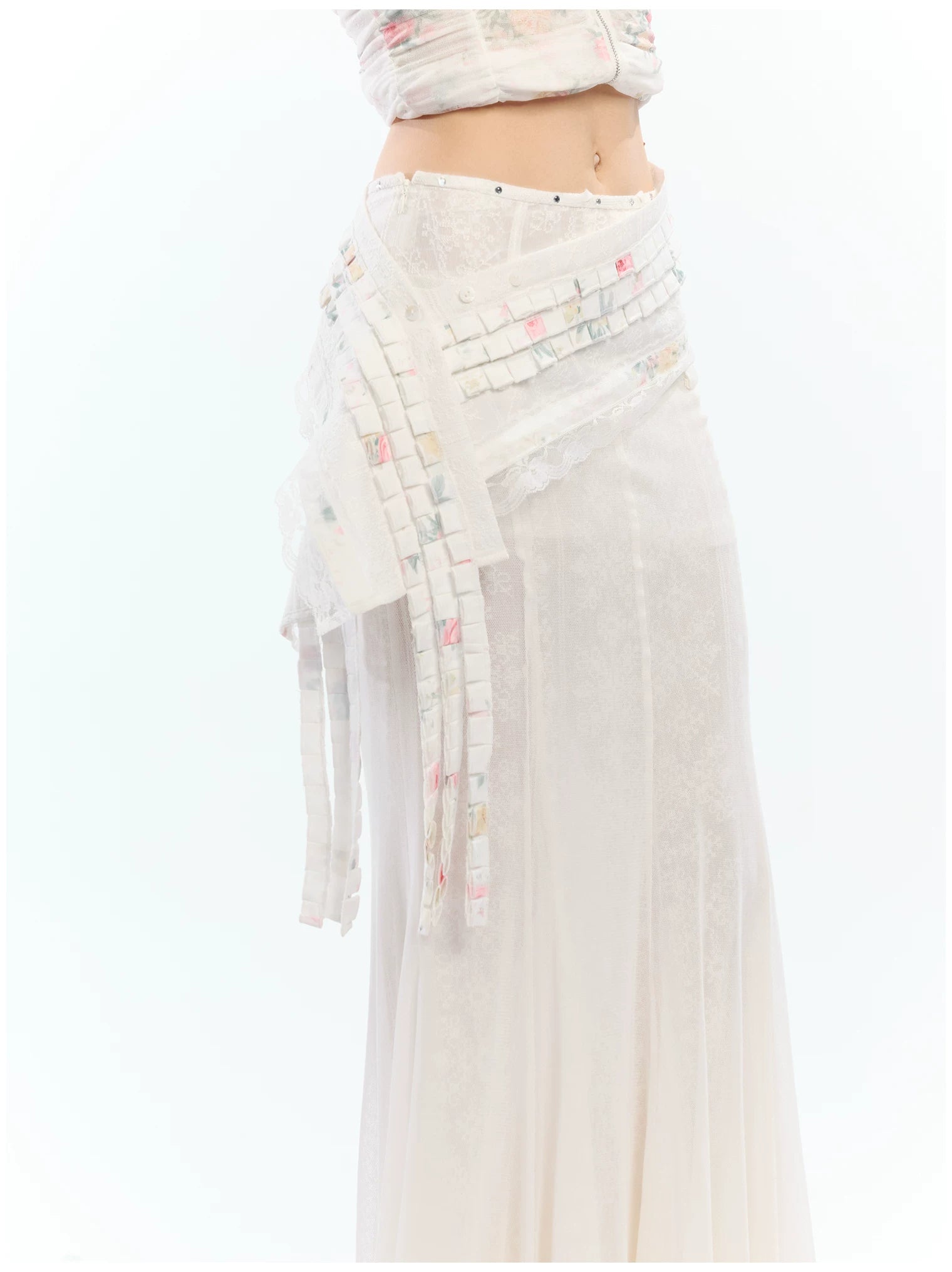 Vintage Floral Lace Asymmetric Waist Draped Overlay Skirt Belt