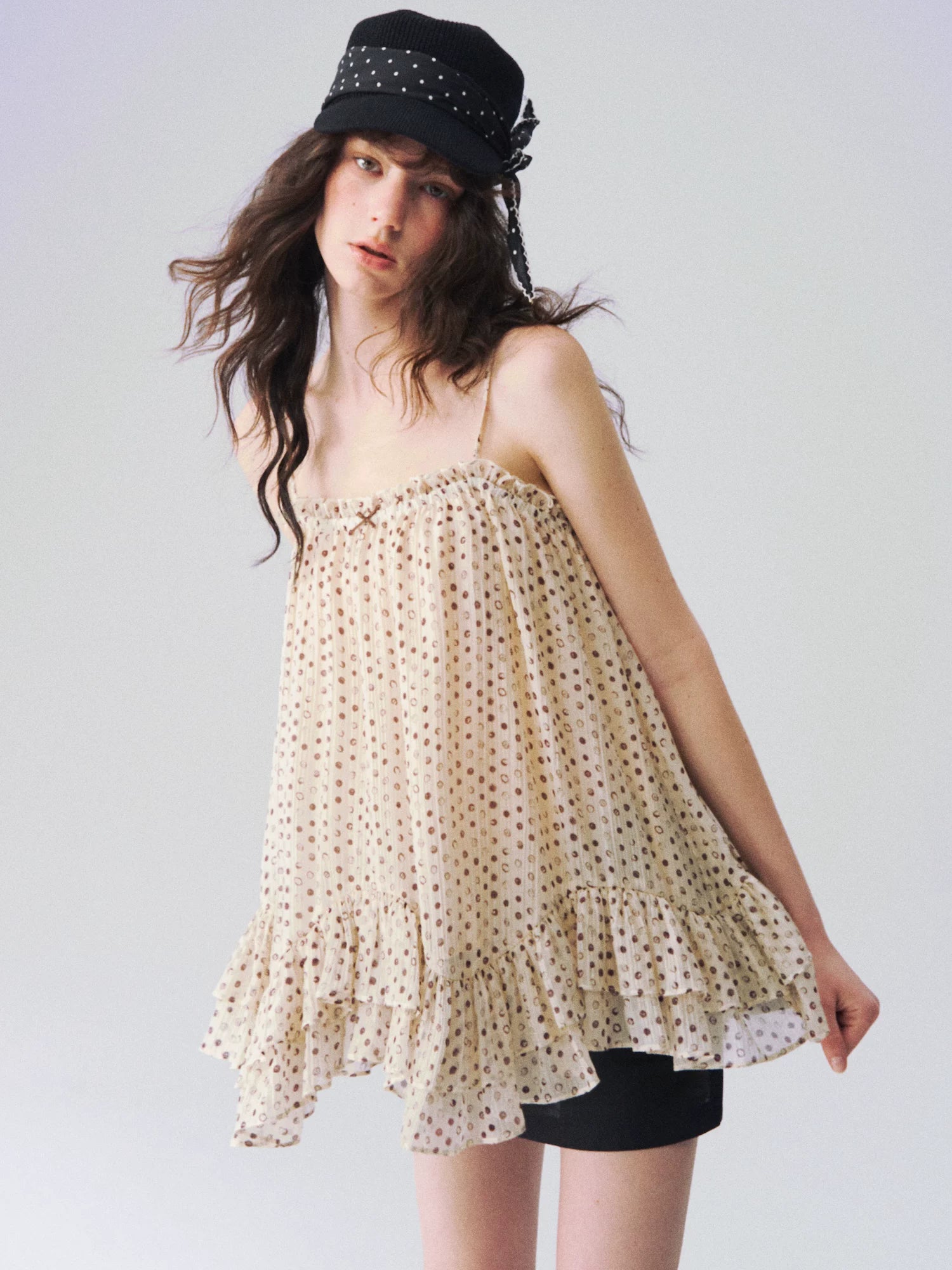 Sheer Polka Dot Asymmetric Ruffle Camisole