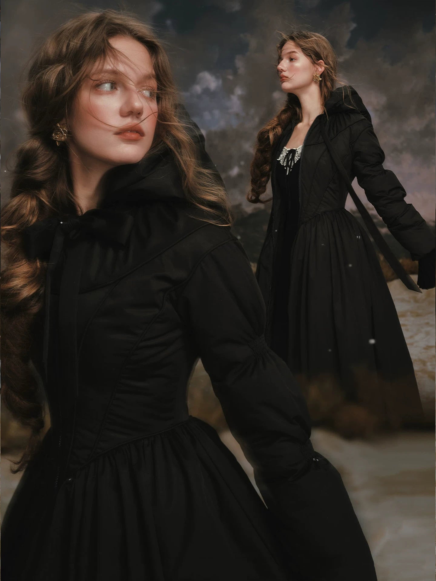 French Tailored Cinched-Waist Long Down Coat