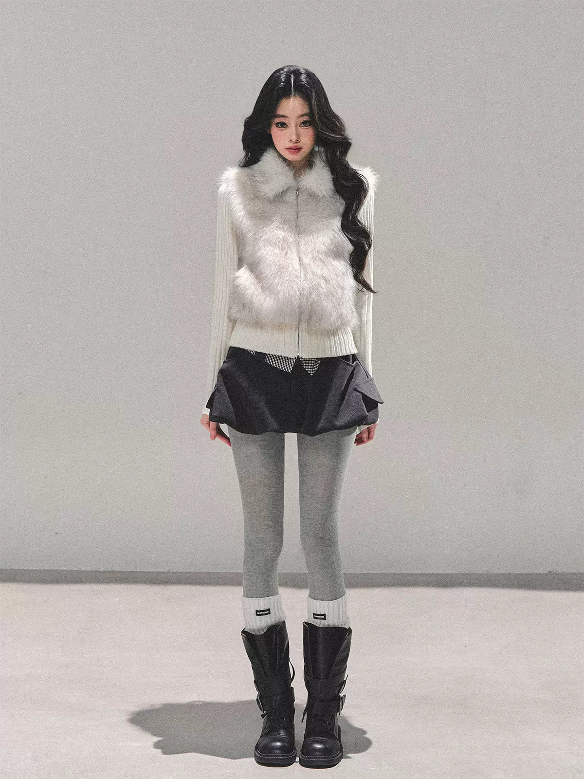 Faux Two-Piece Eco Fur Knit Jacket