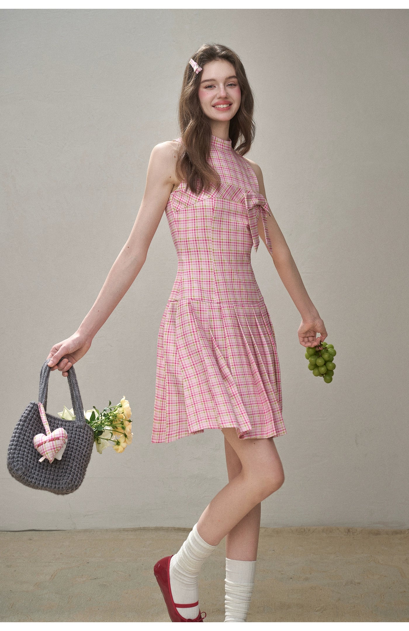 Mint & Strawberry Check Halter Dress