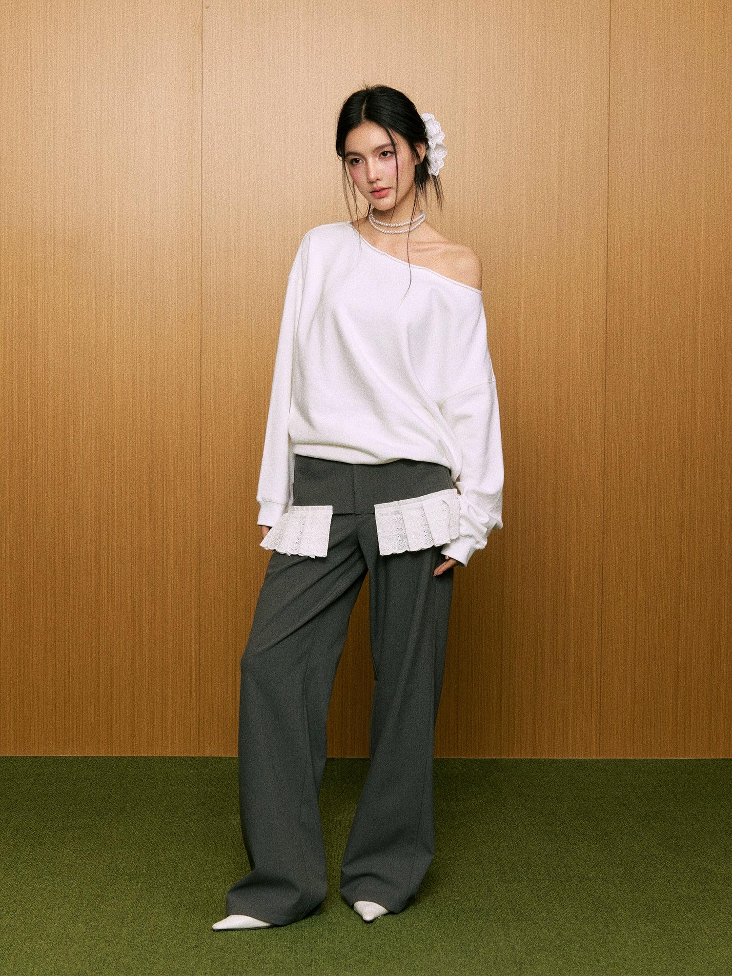 Lace Spliced Wide-Leg Pants - CHINASQUAD