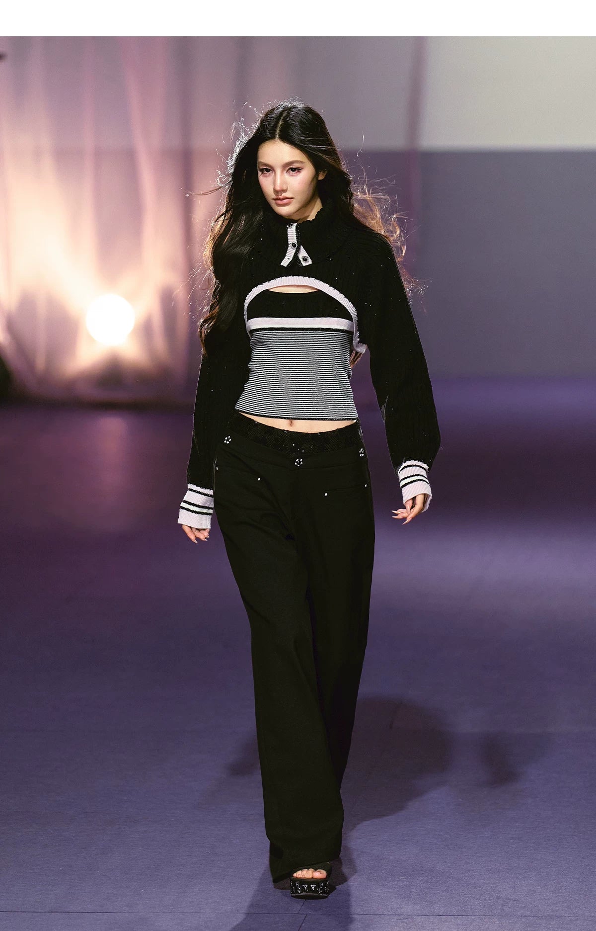 Contrast Turtleneck Layered Vest & Striped Camisole Set