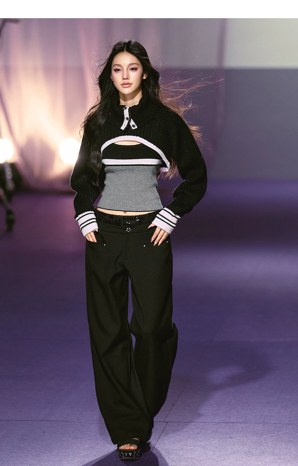 Contrast Turtleneck Layered Vest & Striped Camisole Set