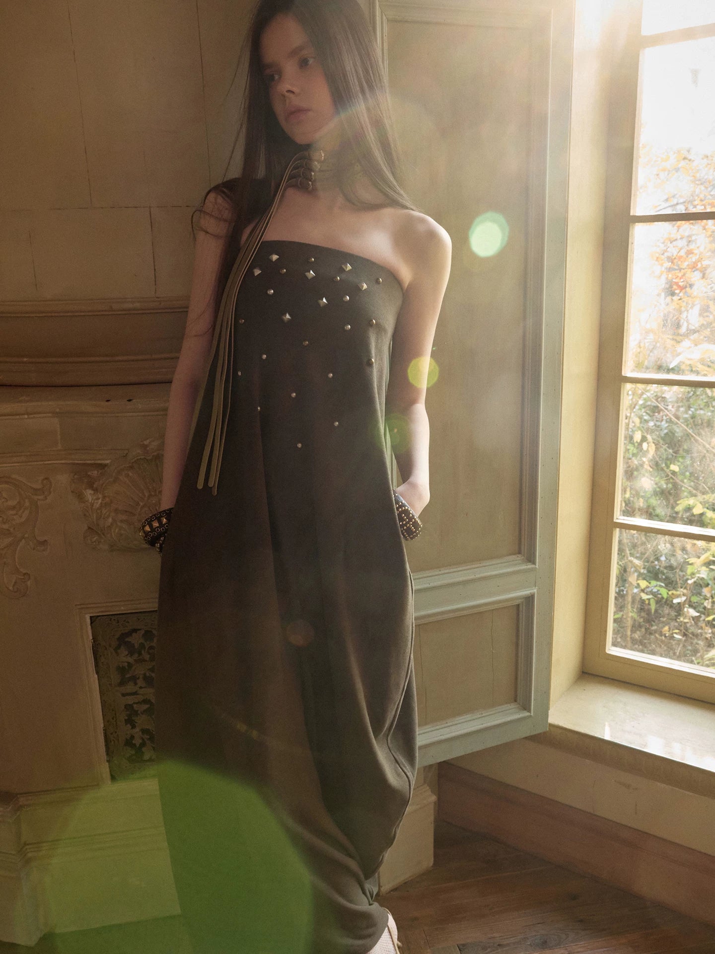 Studded Sculptural Strapless Maxi Dress