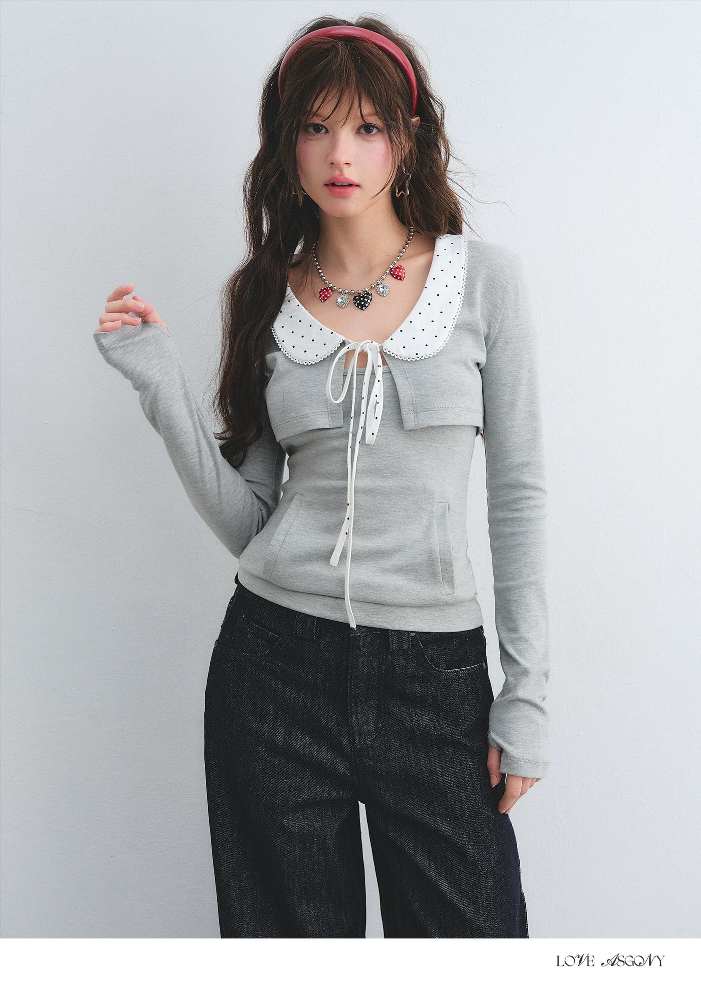 Polka Dot Lace Collar Long Sleeve Cardigan & Cami Two-Piece Set