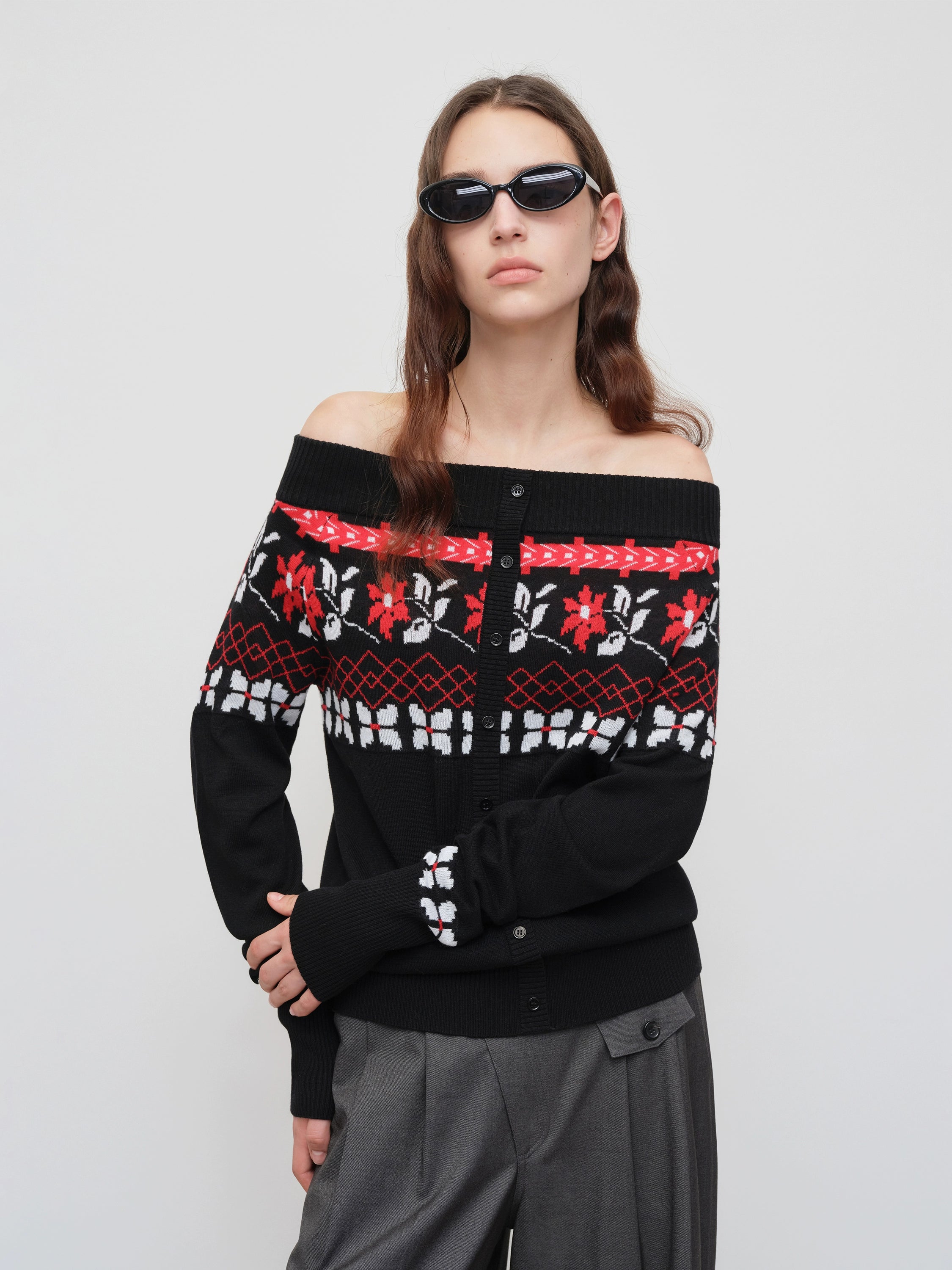 Air Isle Off-Shoulder Wool Knit Sweater - CHINASQUAD