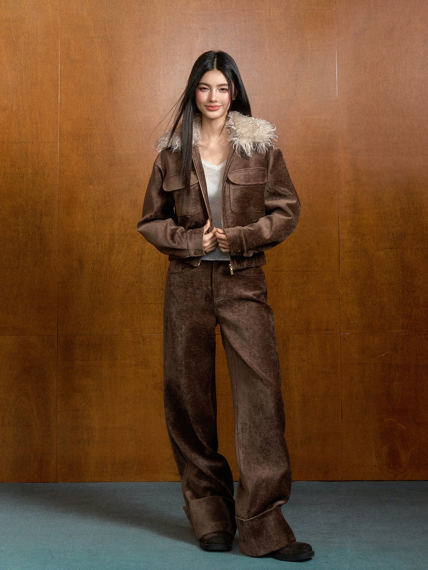 Suede High-waisted Folded Cuff Trousers - CHINASQUAD