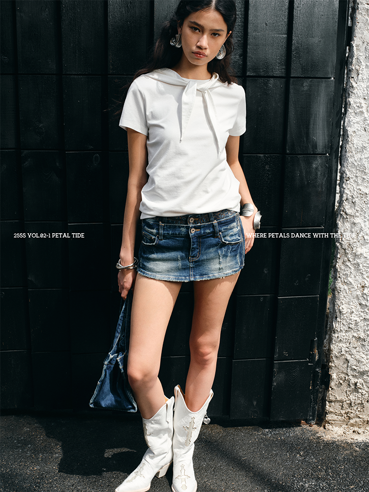 Hooded Bow Solid-Color T-shirt - CHINASQUAD