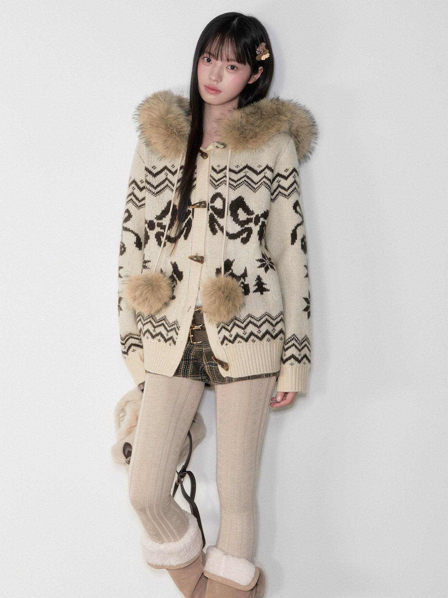 Fair Isle Fur Collar Toggle Buttons Knit Coat - CHINASQUAD