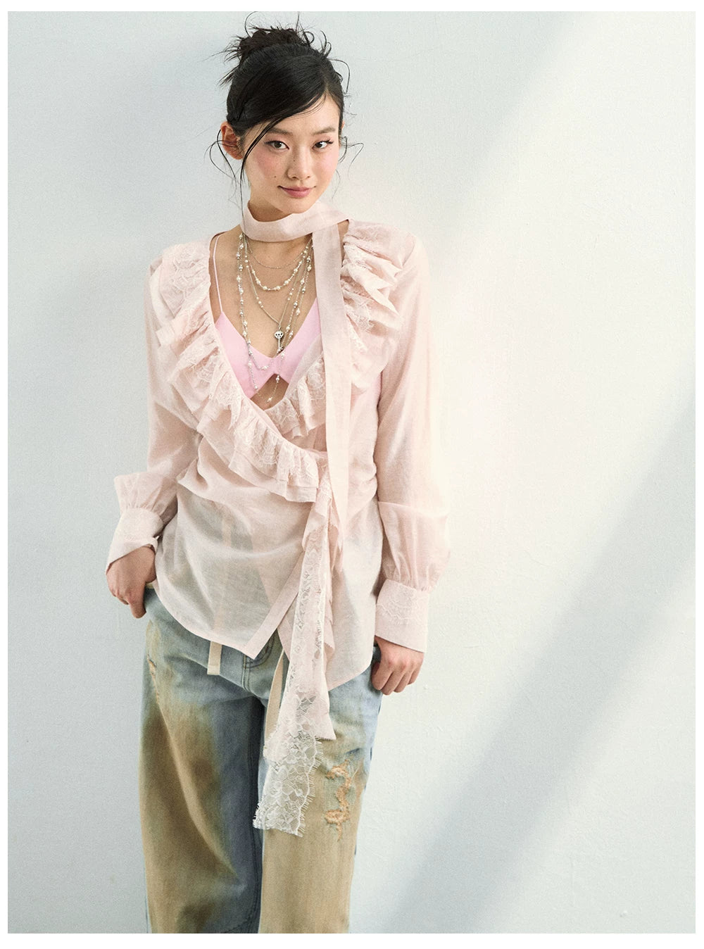 Lace Ruffle Tie Blouse