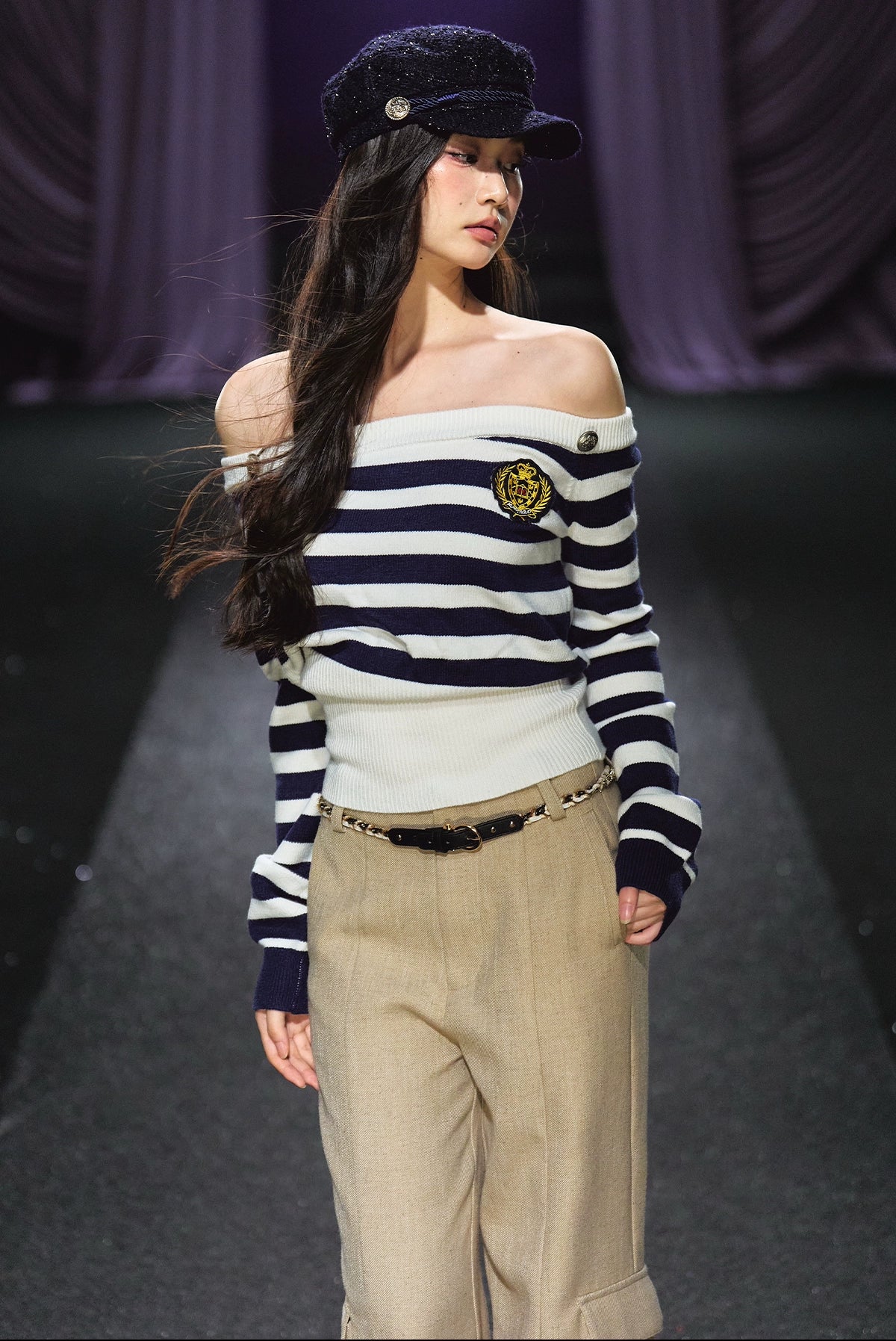 Nautical Stripe Off-Shoulder Knit Sweater - CHINASQUAD