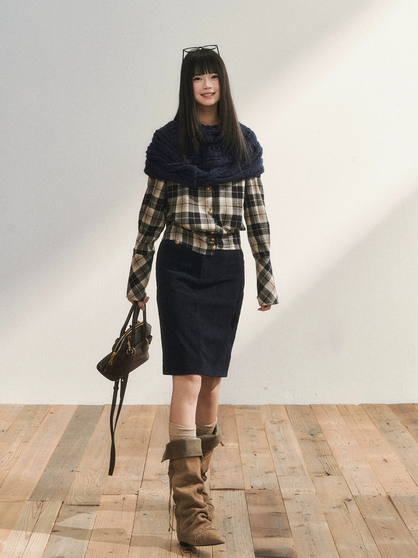 Vintage Plaid Contrast-Panel Fitted Shirt Crewneck