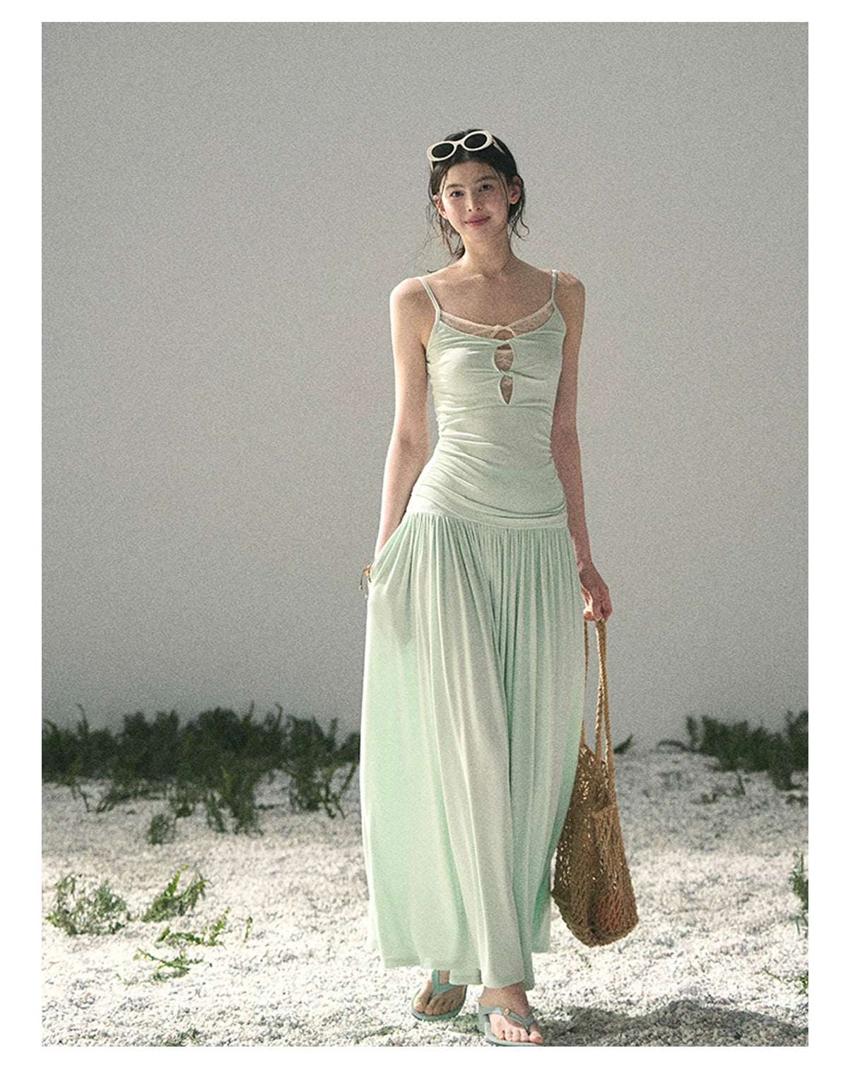 Mint Pearl Texture Two-Piece Maxi Skirt Set