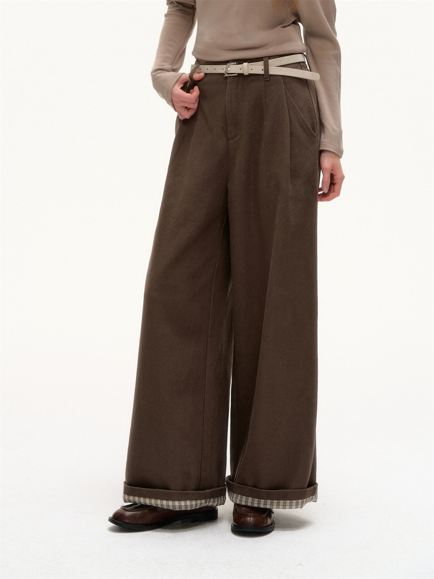 Plaid Cuff Belted Wide-Leg Trousers - CHINASQUAD