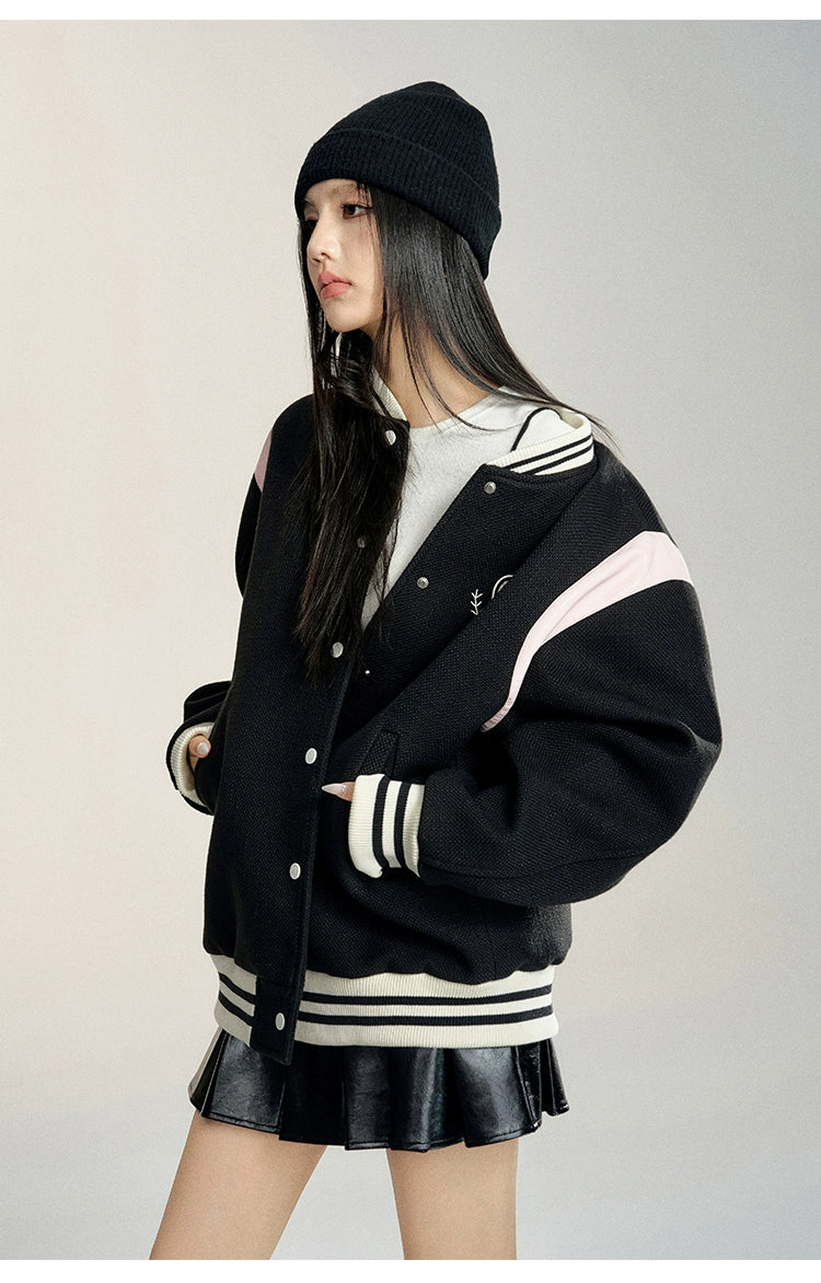 White & Black Heart Embroidered Baseball Jacket