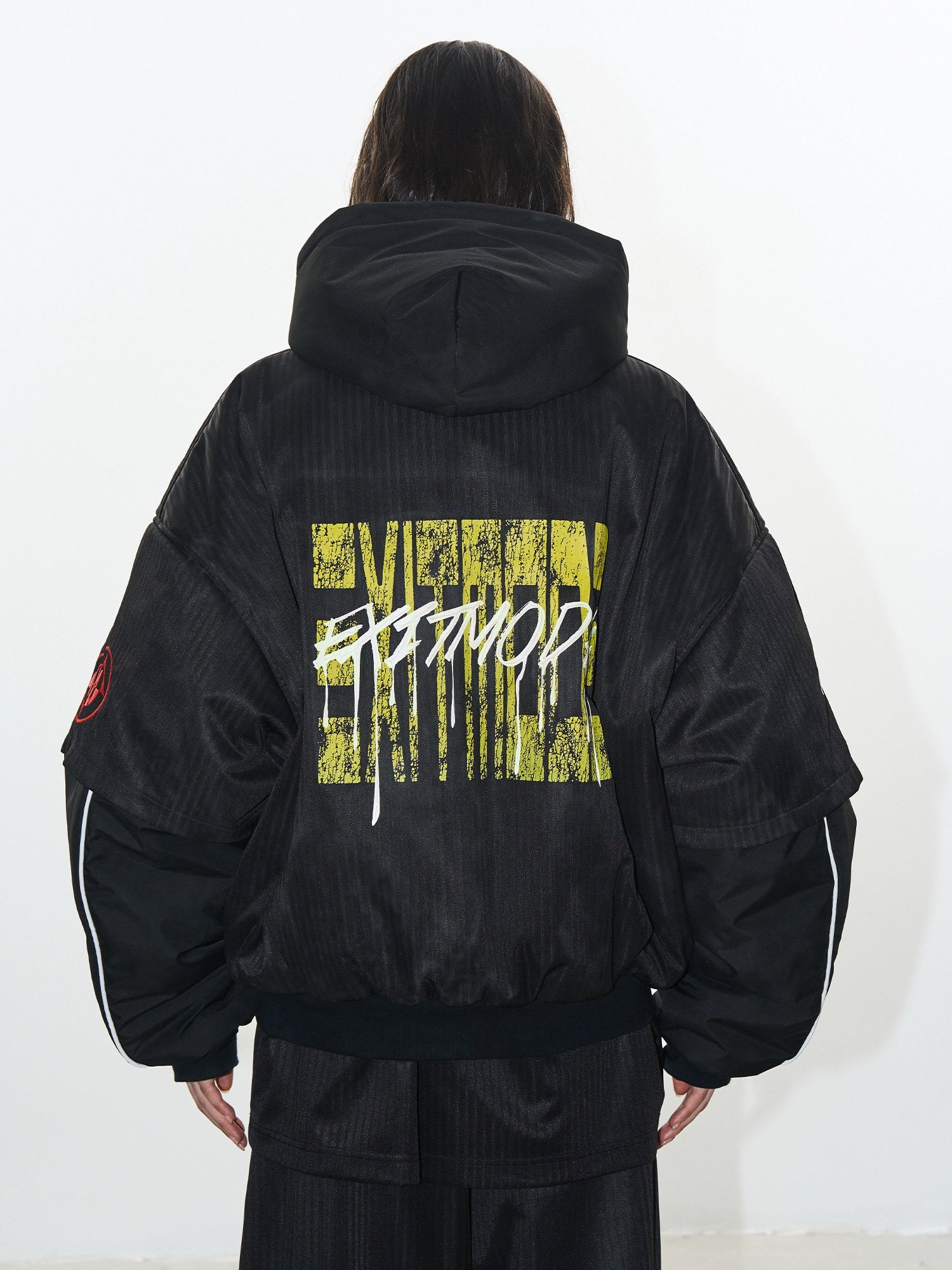 Fake Two-Piece Sports Badge Print Hooded Cotton Jacket - CHINASQUAD