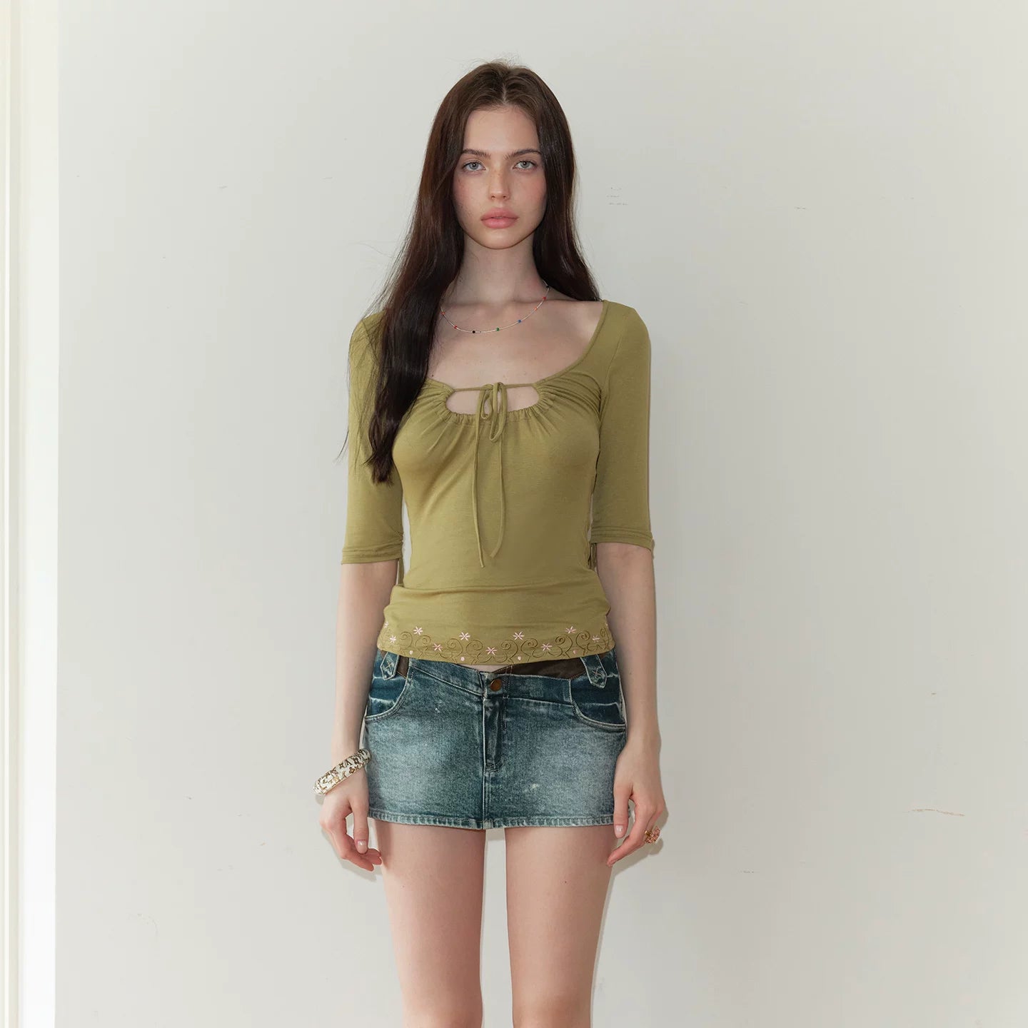 The NeverMore Vintage Embroidered Ruched Scoop-Neck Top NeverMore
