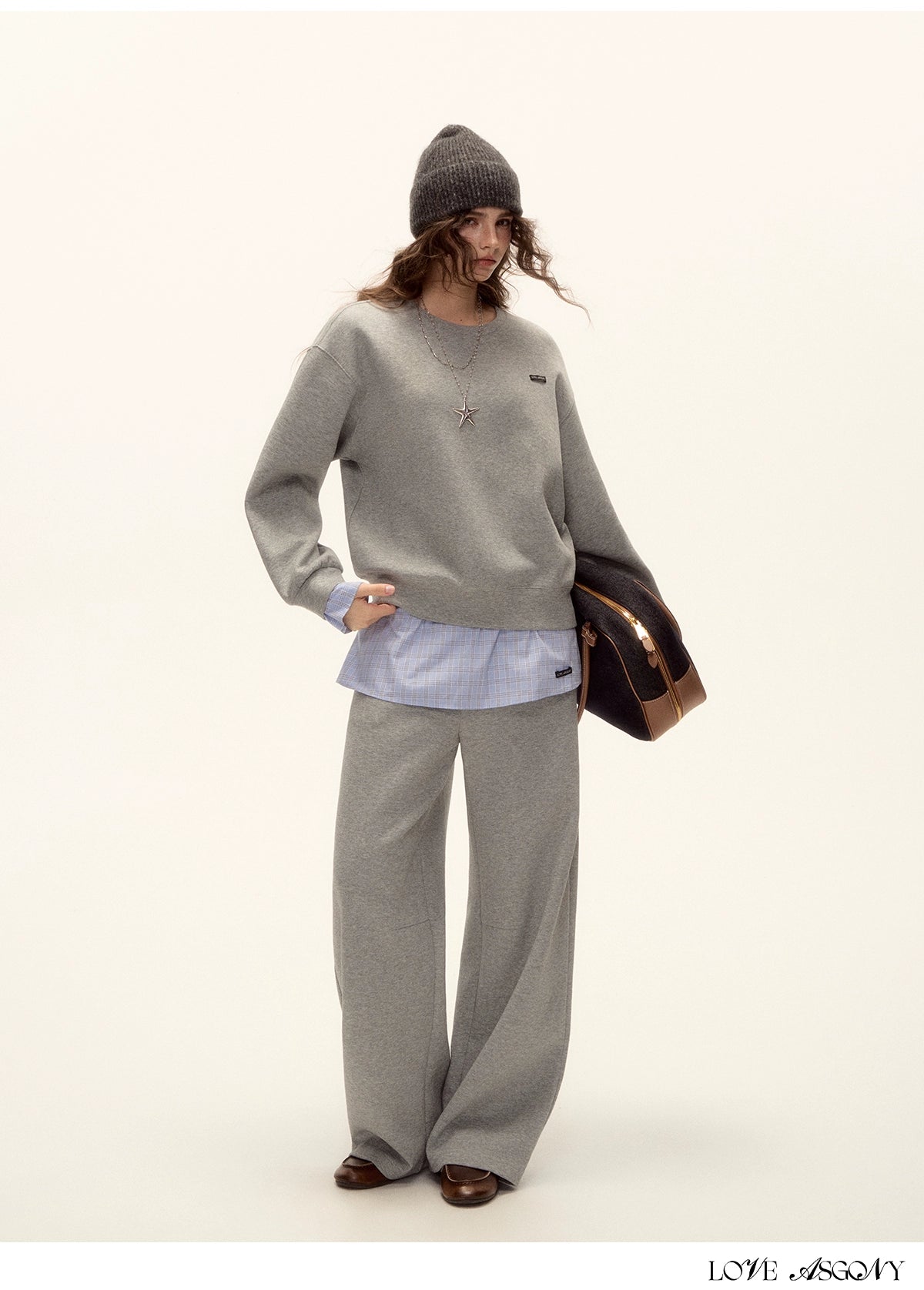 Patchwork Sweatshirt & Curved-Hem Knit Pants Set