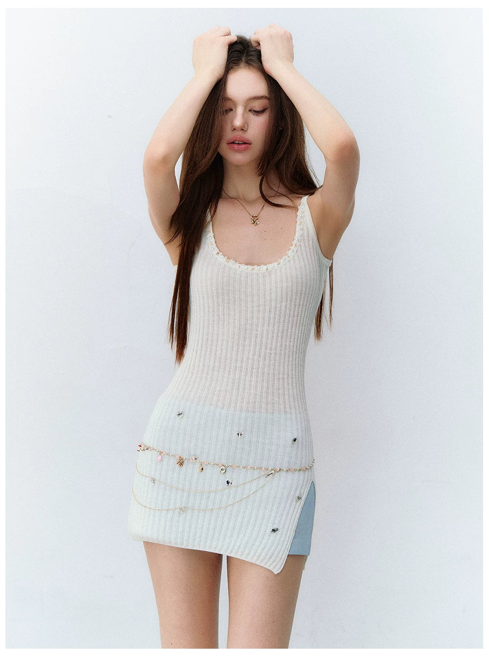 Crystal-Embellished Ribbed Knit Side-Slit Camisole Dress
